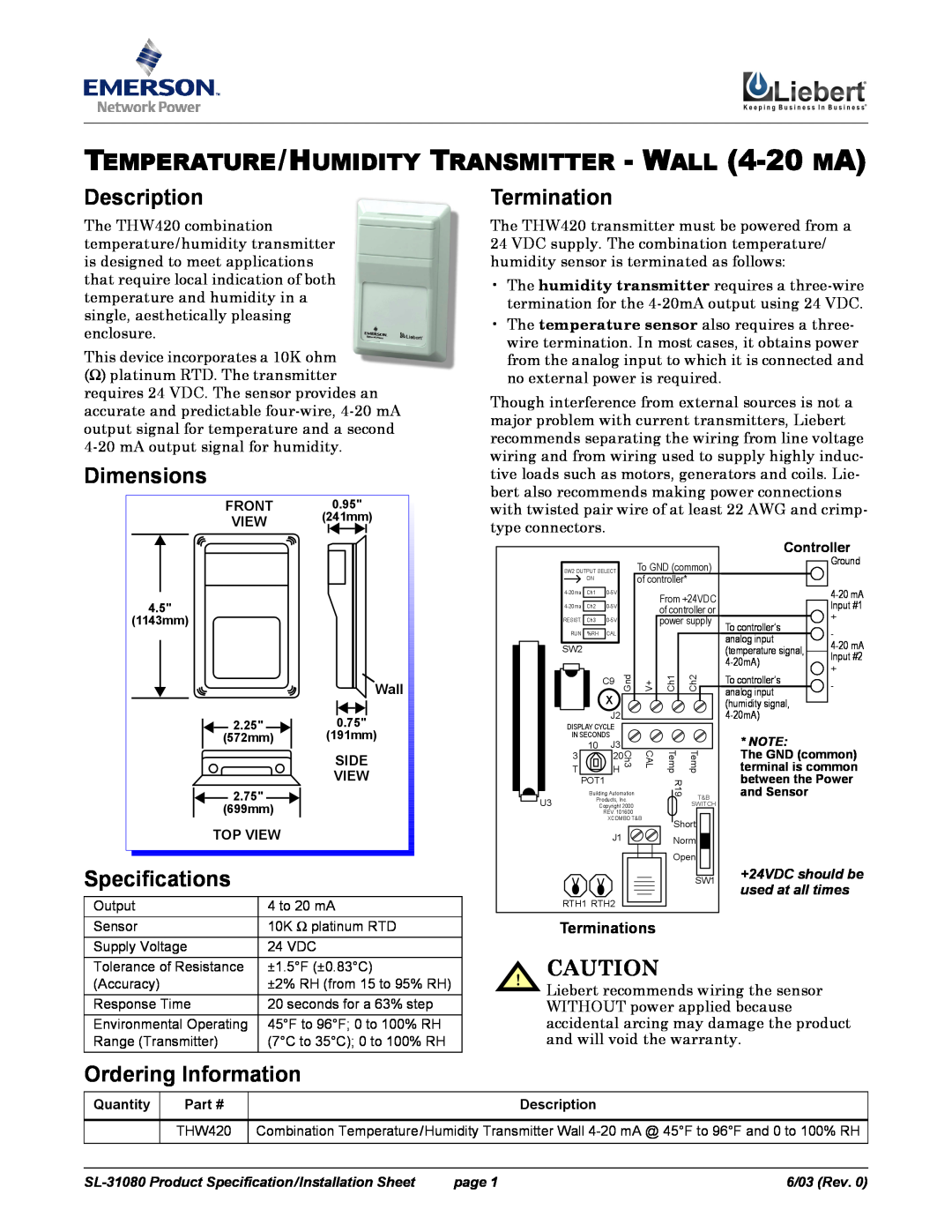 Emerson SL-31080 specifications TEMPERATURE/HUMIDITY TRANSMITTER - WALL 4-20 MA, Description, Dimensions, Specifications 