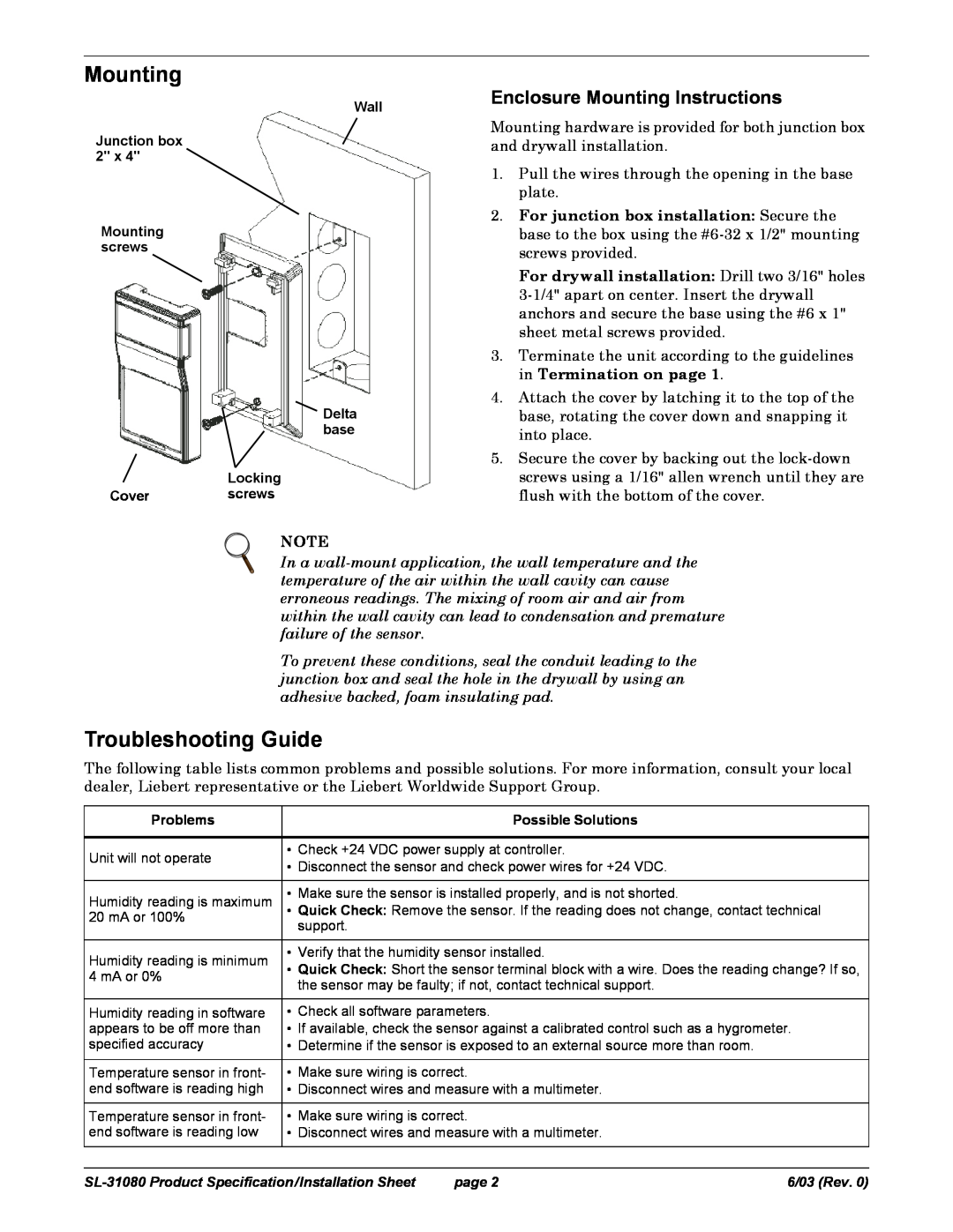 Emerson SL-31080 specifications Troubleshooting Guide, Enclosure Mounting Instructions 