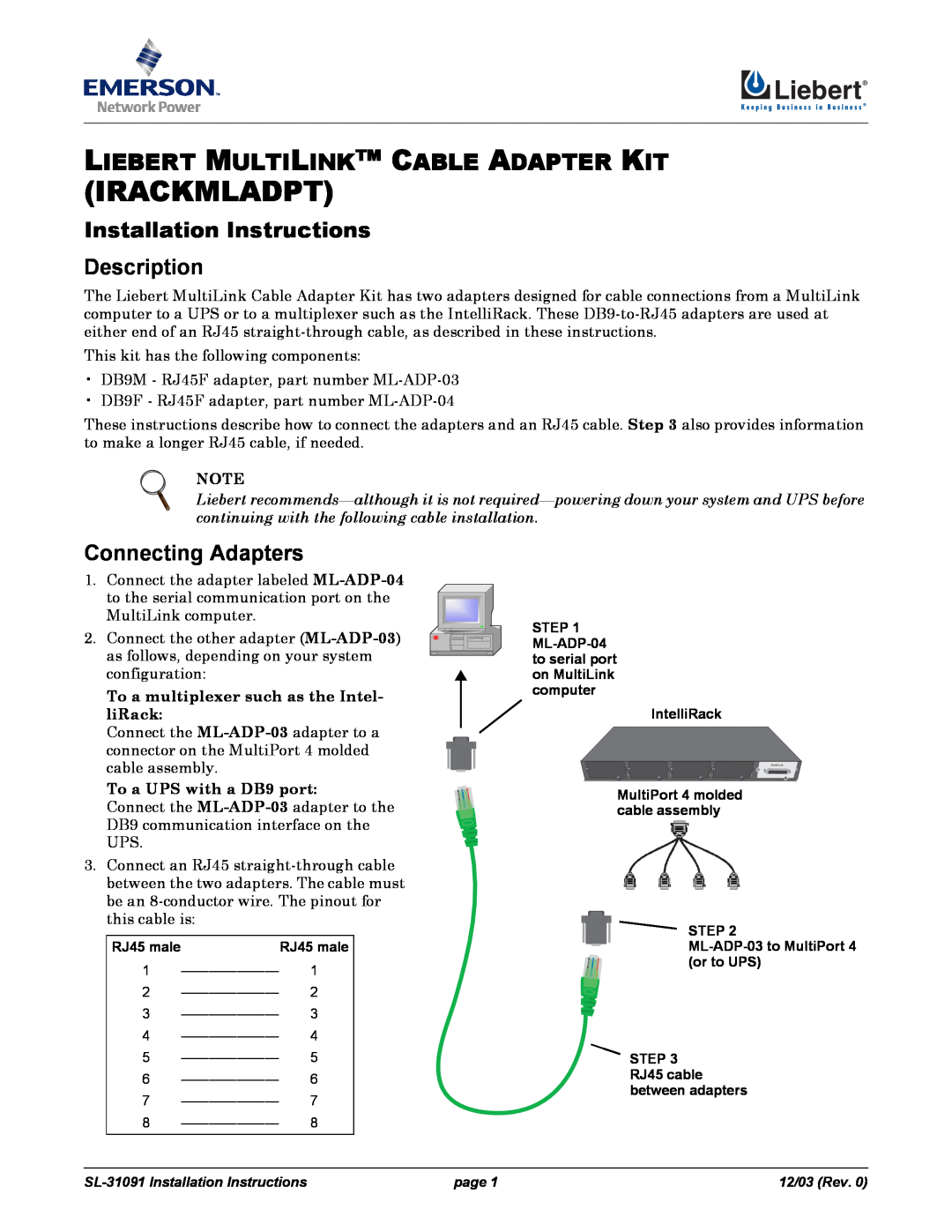 Emerson SL-31091 installation instructions Irackmladpt, Liebert Multilink Cable Adapter Kit, Connecting Adapters 