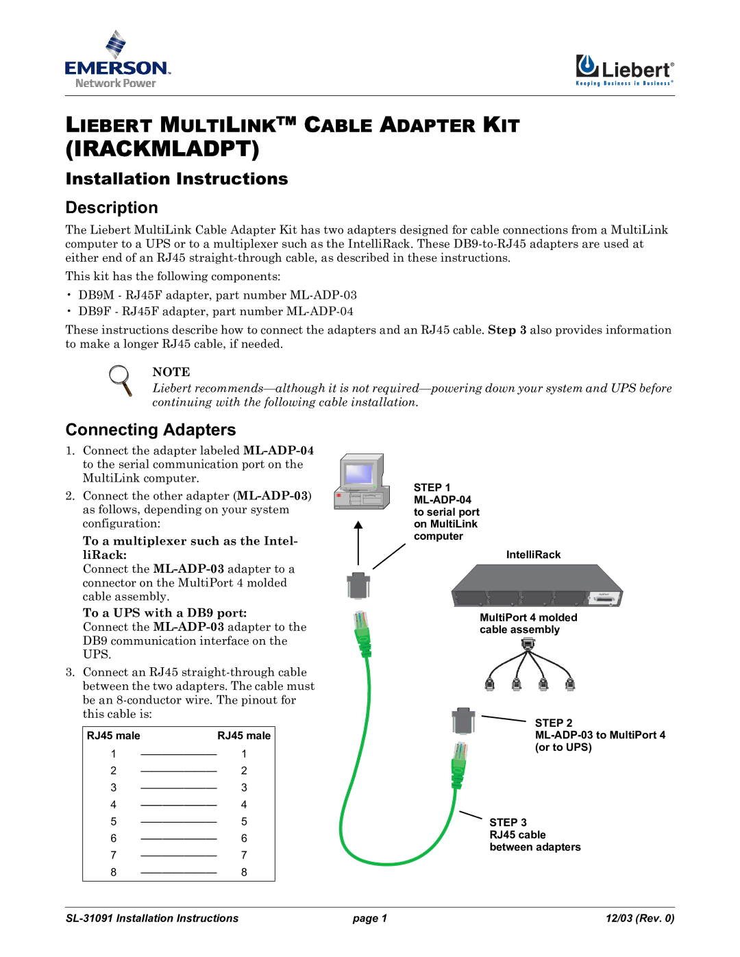 Emerson SL-31091 installation instructions Irackmladpt, Installation Instructions Description, Connecting Adapters 