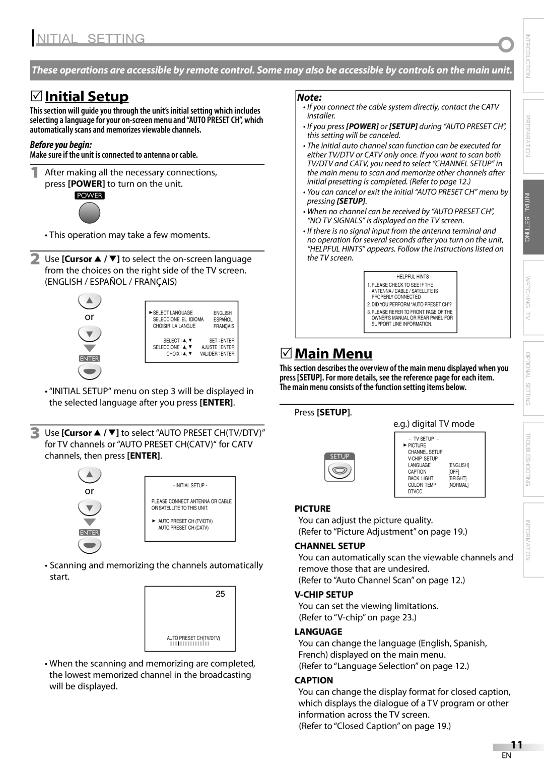 Emerson SLC195EM8 2 owner manual Initial Setting, 5Initial Setup, 5Main Menu 