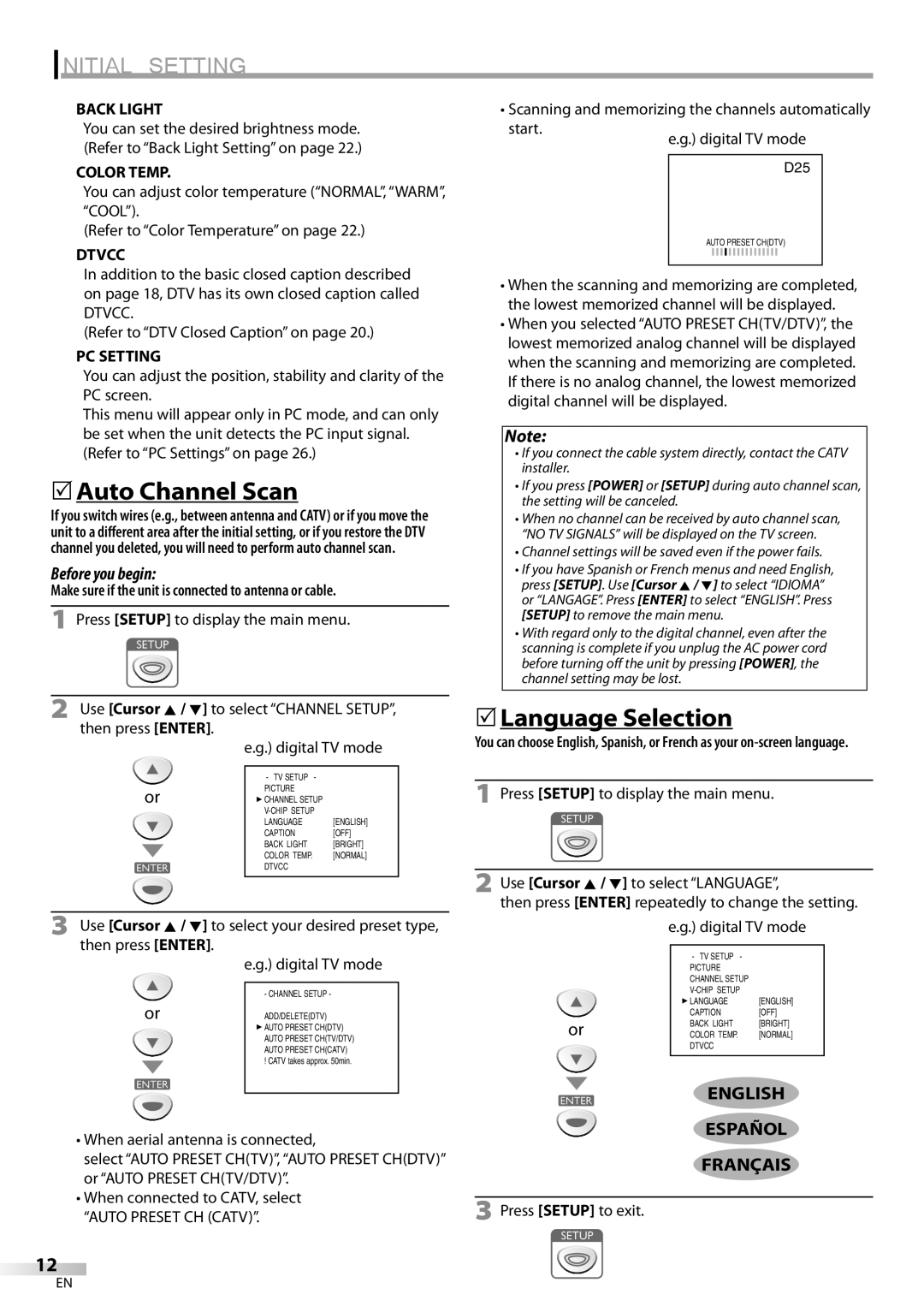 Emerson SLC195EM8 2 owner manual 5Auto Channel Scan, 5Language Selection, English Español Français 