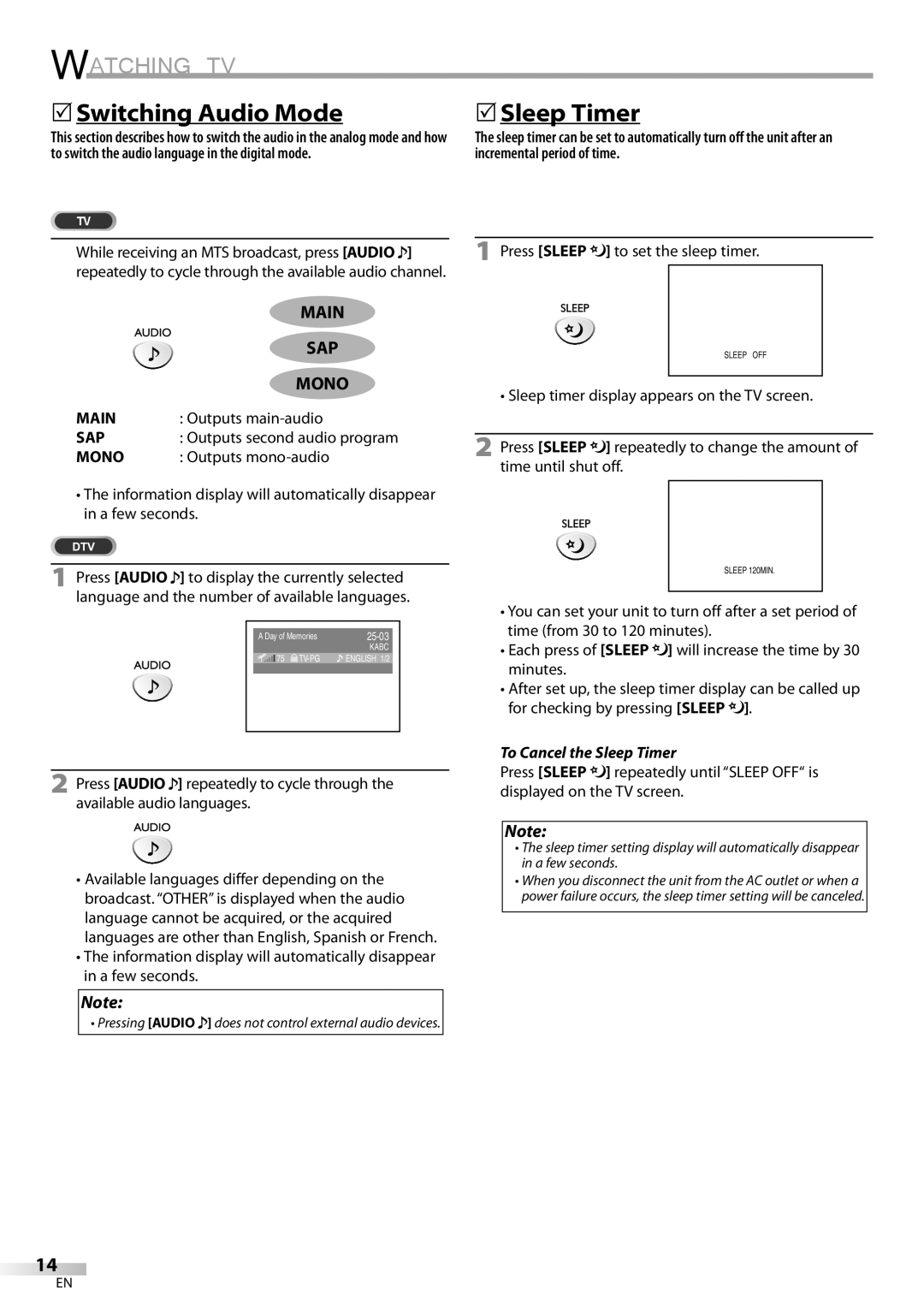 Emerson SLC195EM8 2 owner manual 5Switching Audio Mode, 5Sleep Timer, Main, Sap, Mono 