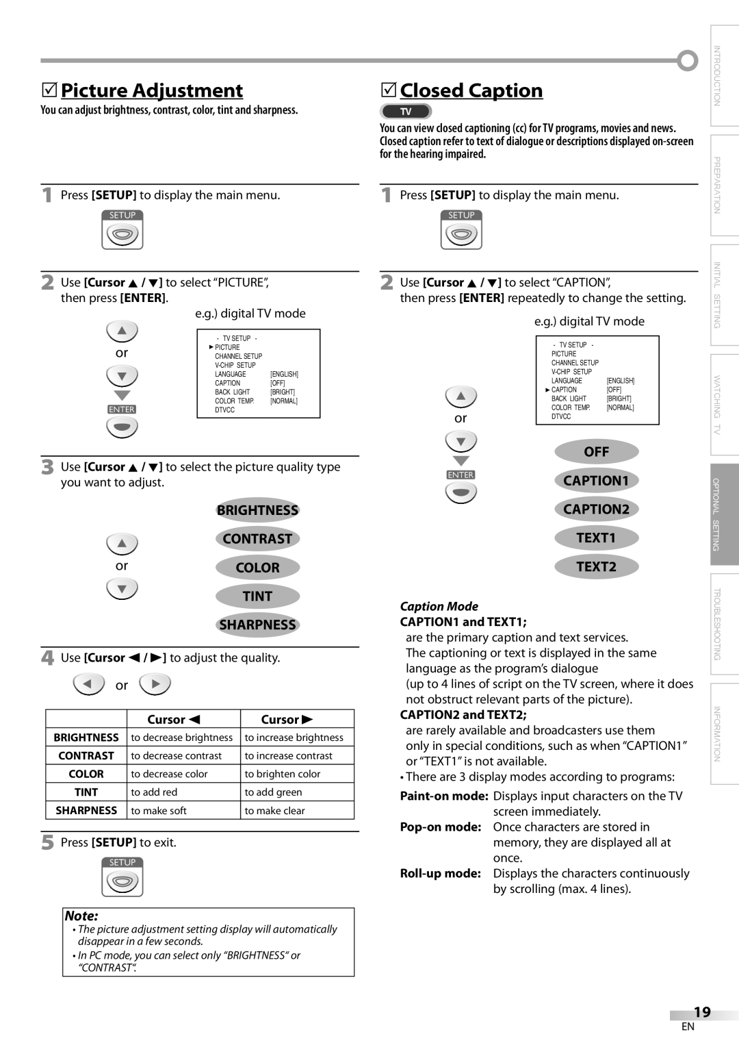 Emerson SLC195EM8 2 owner manual 5Picture Adjustment, 5Closed Caption, Brightness Contrast, Tint Sharpness 