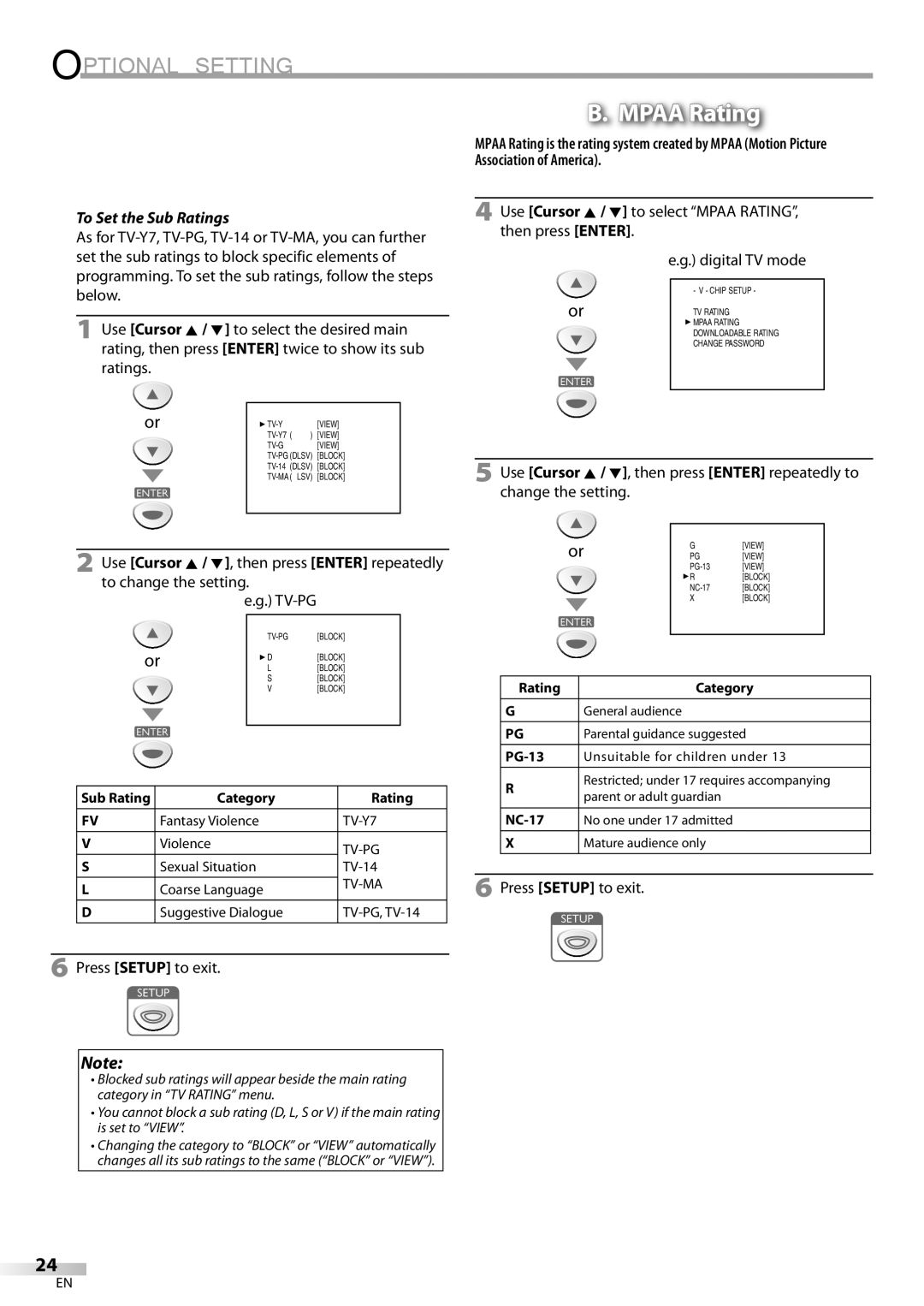 Emerson SLC195EM8 2 owner manual Mpaa Rating, To Set the Sub Ratings 