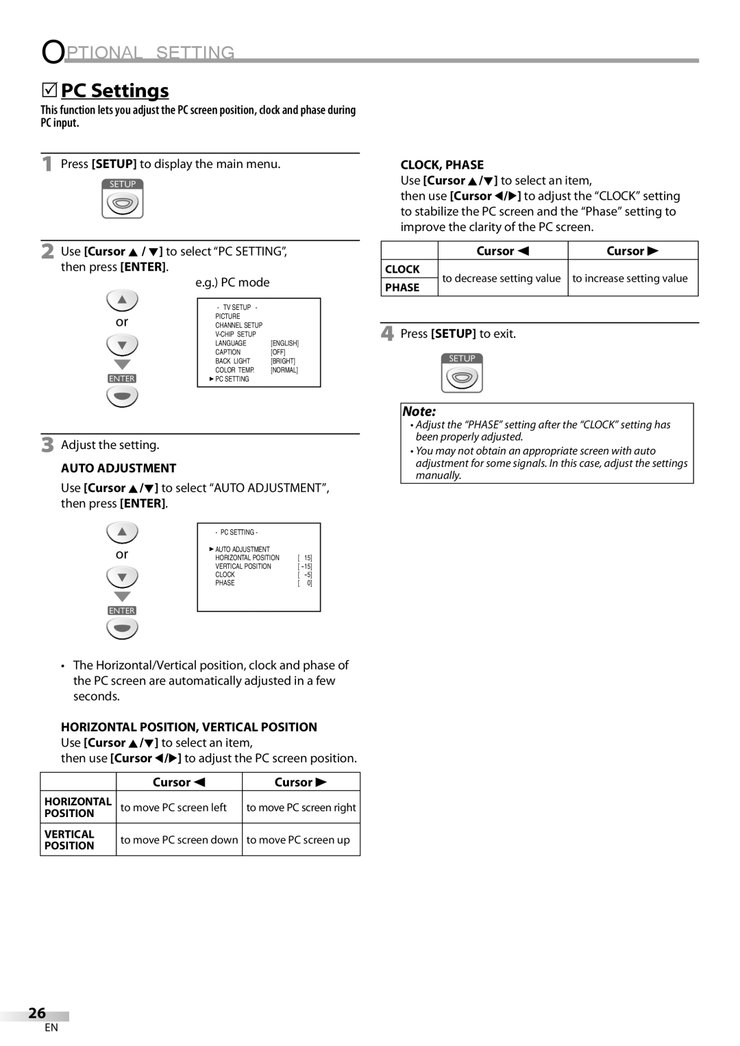 Emerson SLC195EM8 2 owner manual 5PC Settings, CLOCK, Phase, Auto Adjustment 