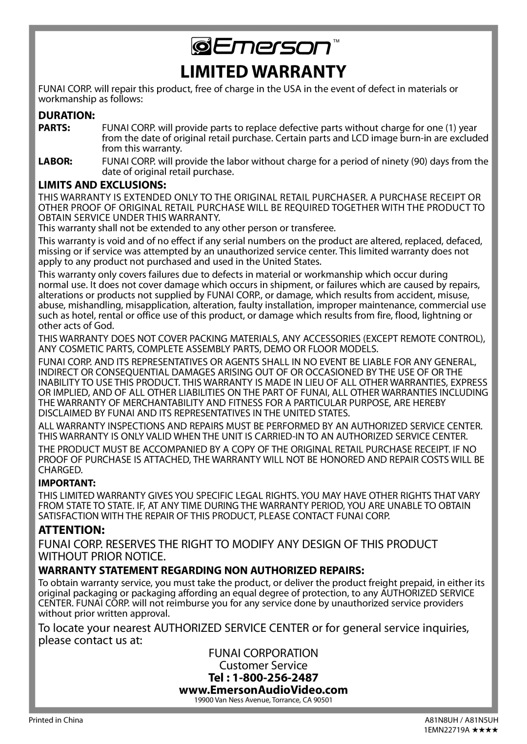 Emerson SLC195EM8 2 owner manual Limited Warranty 