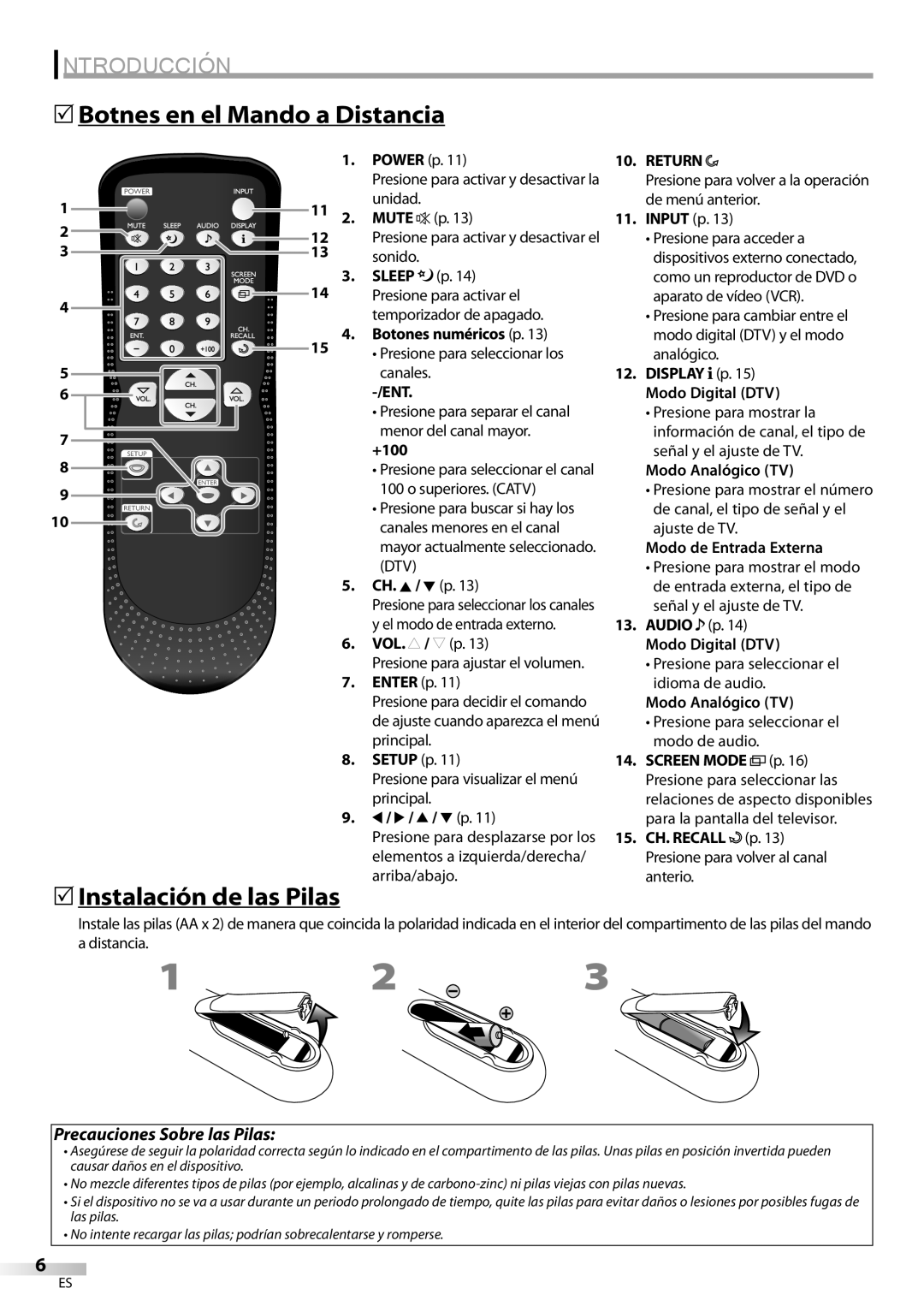 Emerson SLC195EM8 2 owner manual 5Botnes en el Mando a Distancia, 5Instalación de las Pilas, Mute, Sleep, Dtv 