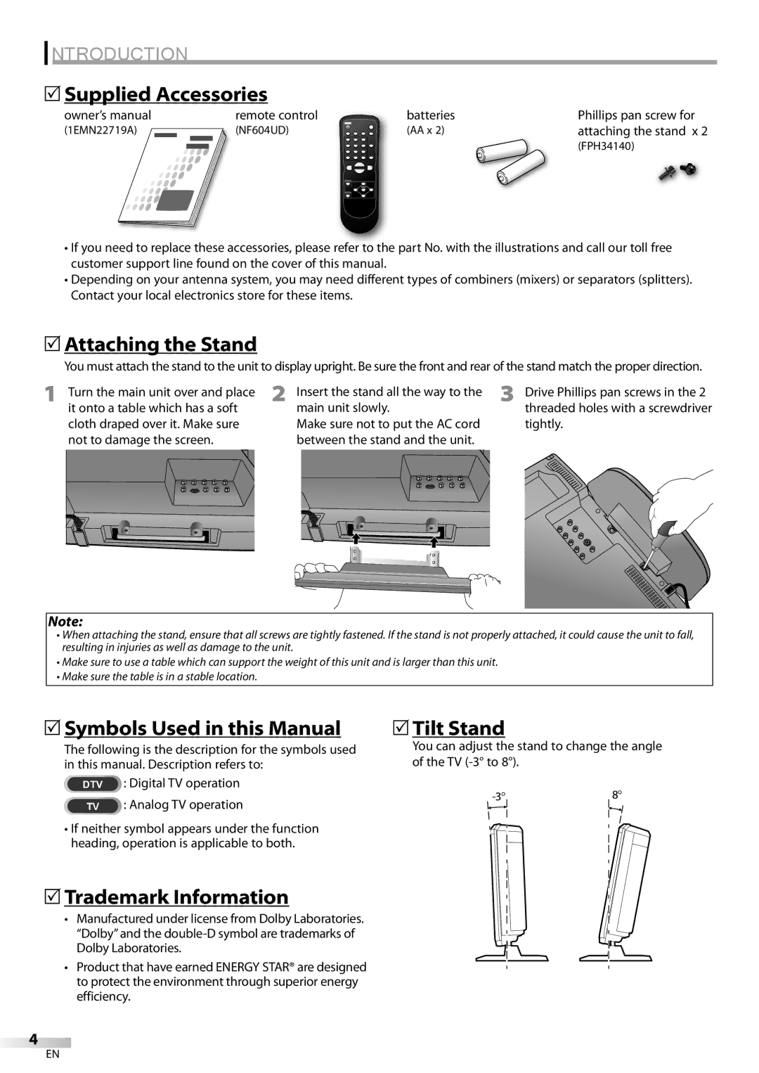 Emerson SLC195EM8 2 5Supplied Accessories, 5Attaching the Stand, 5Symbols Used in this Manual, 5Trademark Information 