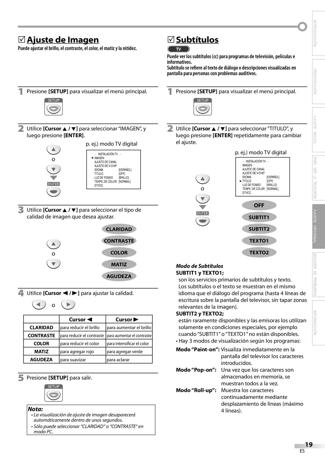 Emerson SLC195EM8 2 owner manual 5Ajuste de Imagen, 5Subtítulos, Modo de Subtítulos 