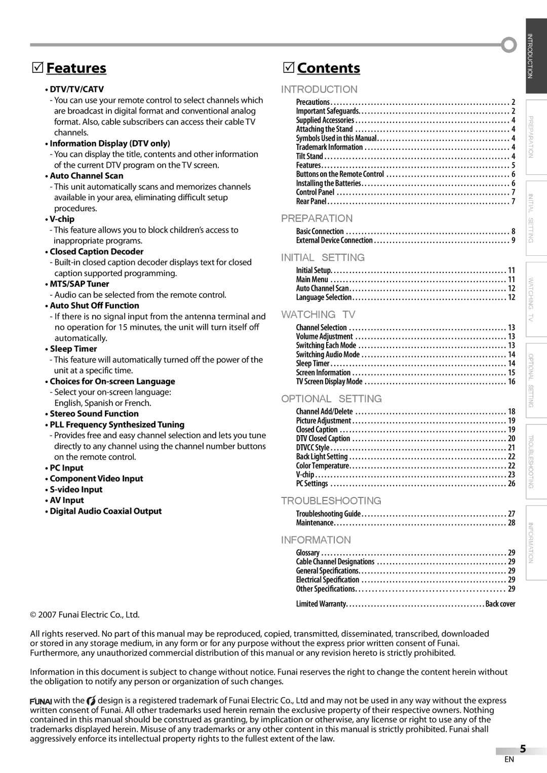 Emerson SLC195EM8 2 owner manual Features, Contents 