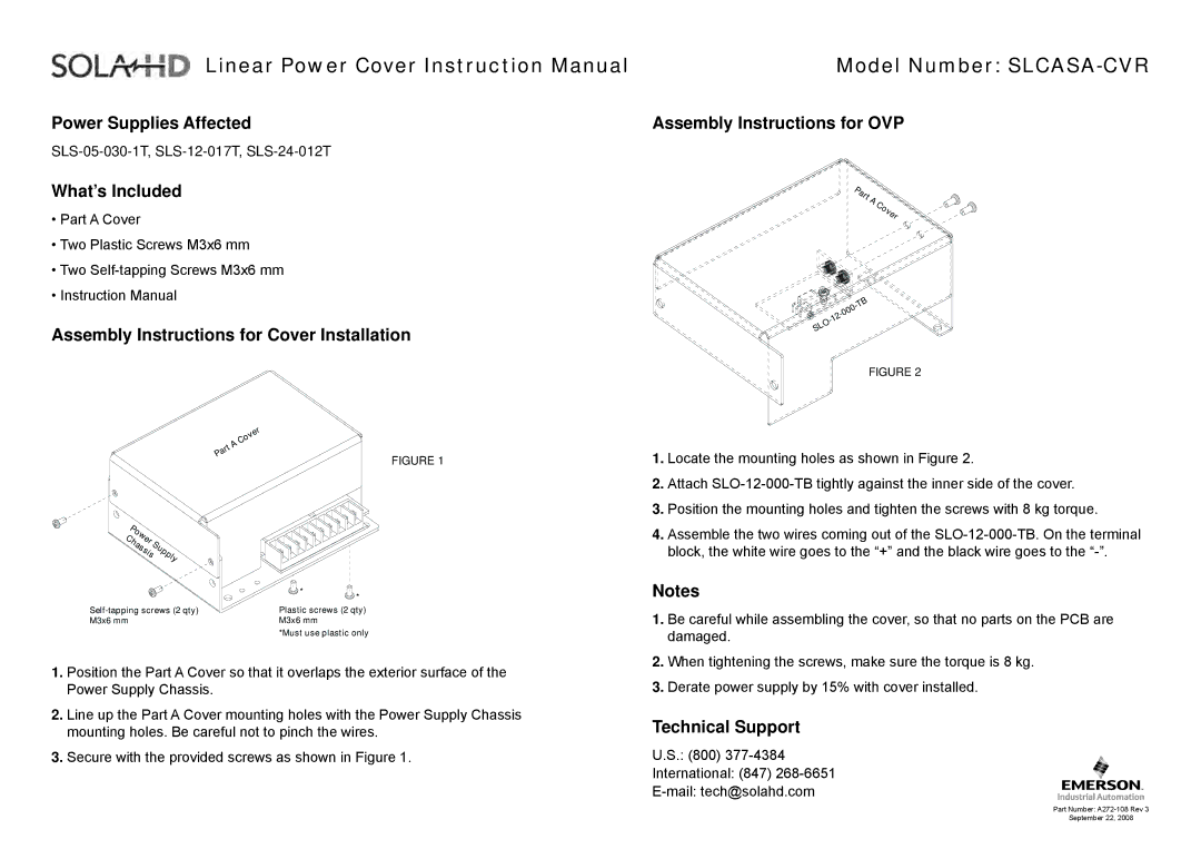 Emerson instruction manual Model Number SLCASA-CVR, Assembly Instructions for OVP 