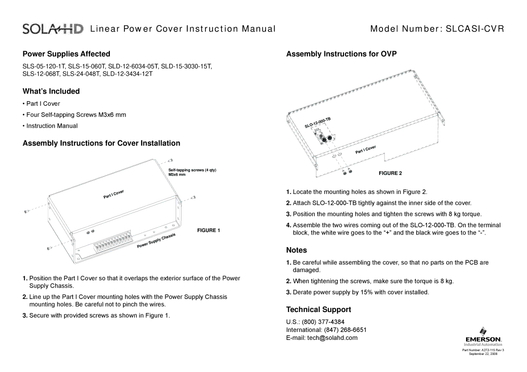 Emerson SLCASA-CVR instruction manual Model Number SLCASI-CVR 