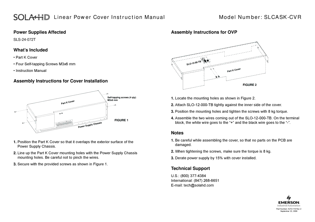 Emerson SLCASA-CVR instruction manual Model Number SLCASK-CVR 