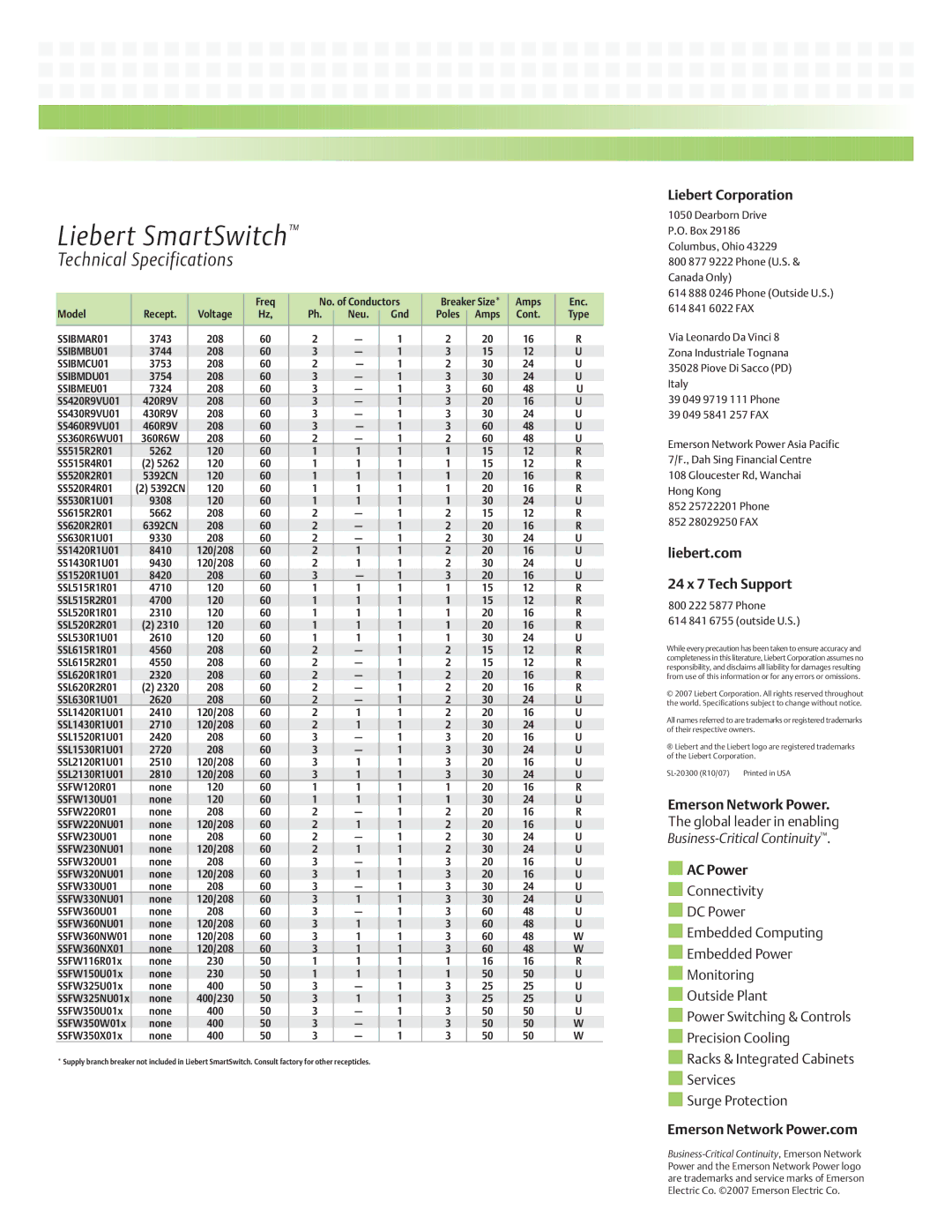 Emerson SmartSwitch manual Liebert Corporation, Liebert.com 24 x 7 Tech Support, Emerson Network Power, AC Power 