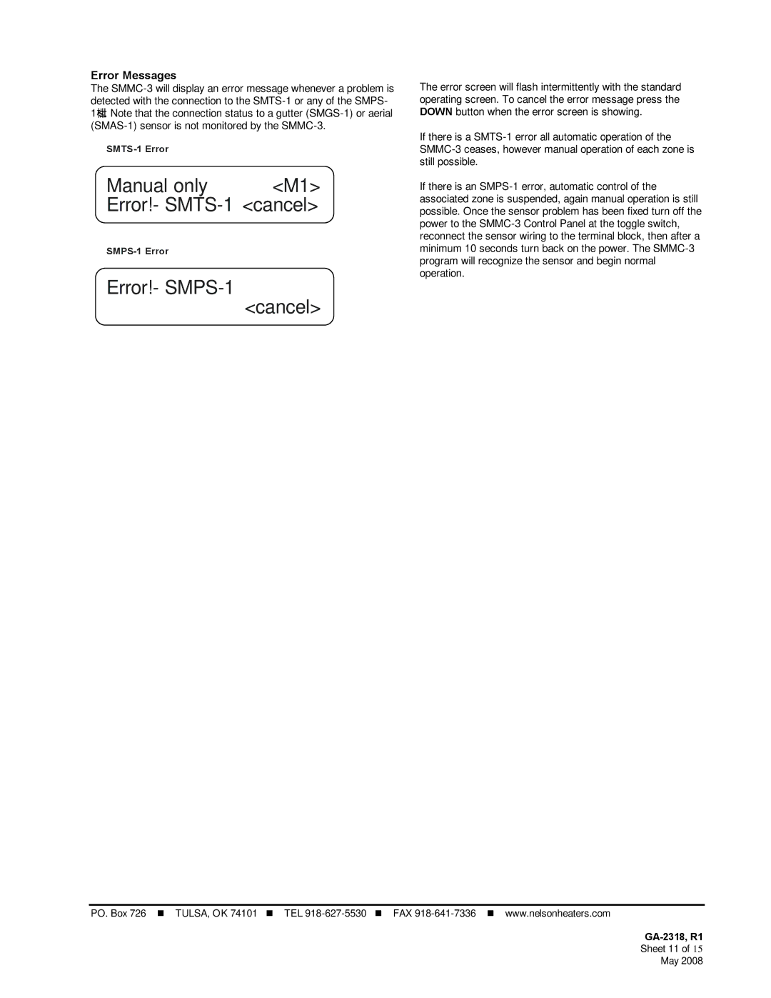 Emerson SMMC-3 manual Manual only M1 Error!- SMTS-1 cancel, Error!- SMPS-1 Cancel, Error Messages 