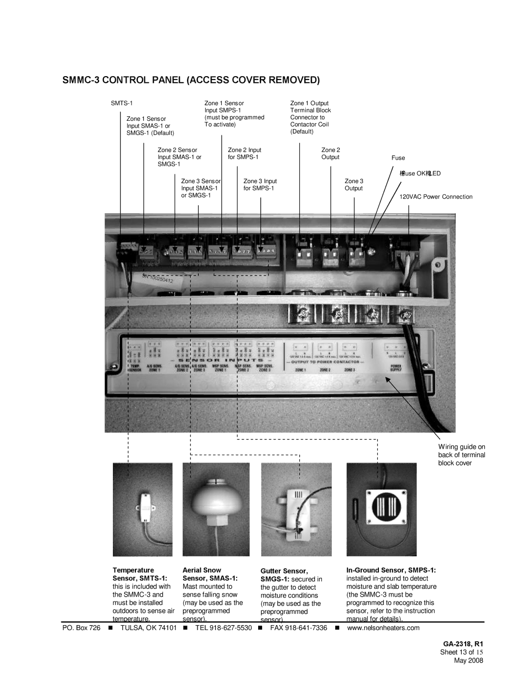 Emerson SMMC-3 Control Panel Access Cover Removed, Temperature Aerial Snow Sensor, SMTS-1 Sensor, SMAS-1, Gutter Sensor 