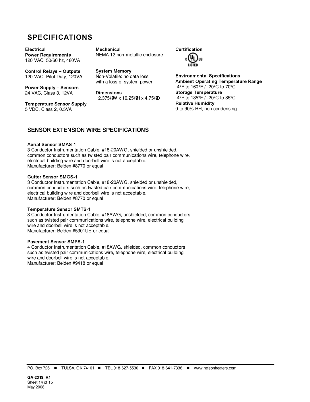 Emerson SMMC-3 manual Sensor Extension Wire Specifications 