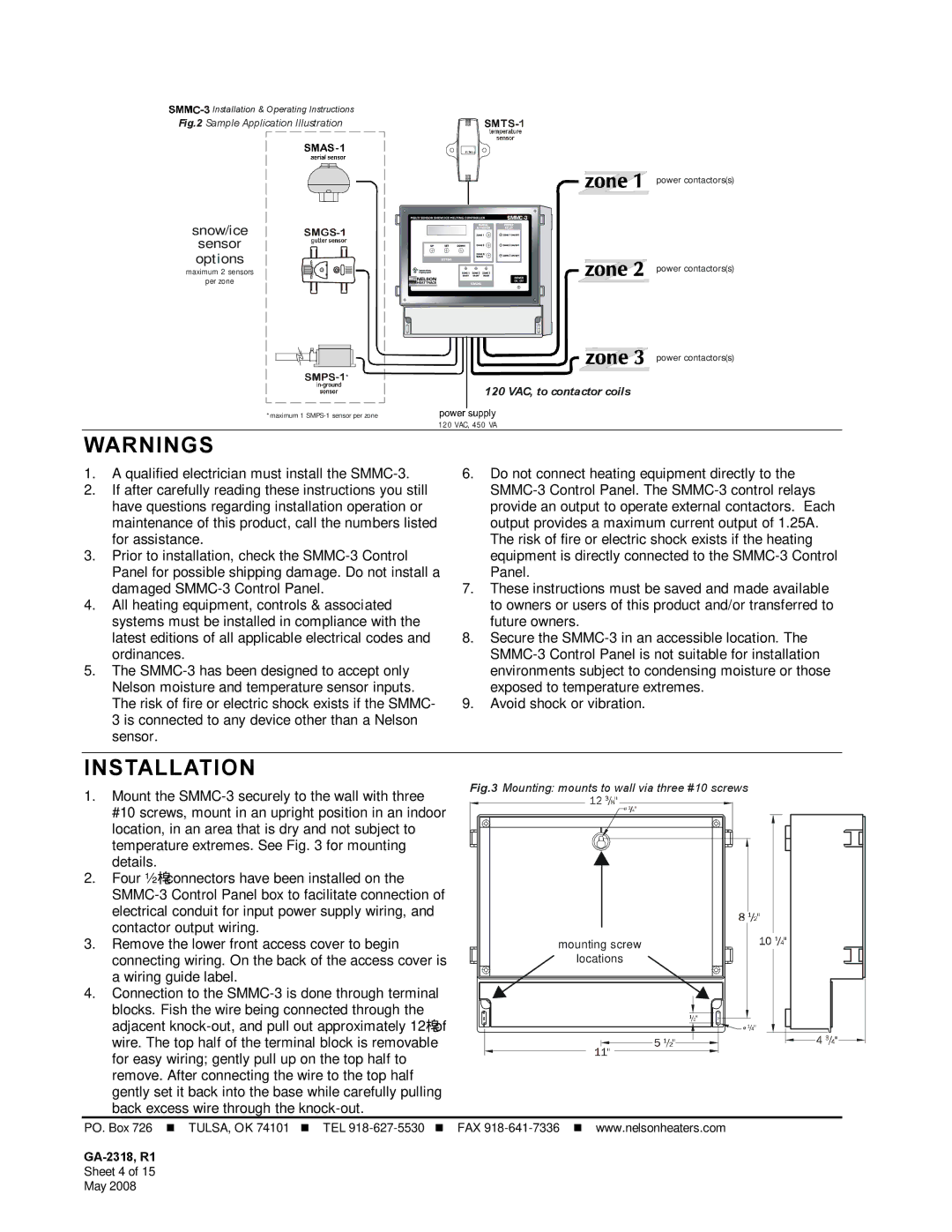 Emerson SMMC-3 manual Installation, Snow/ice sensor options 