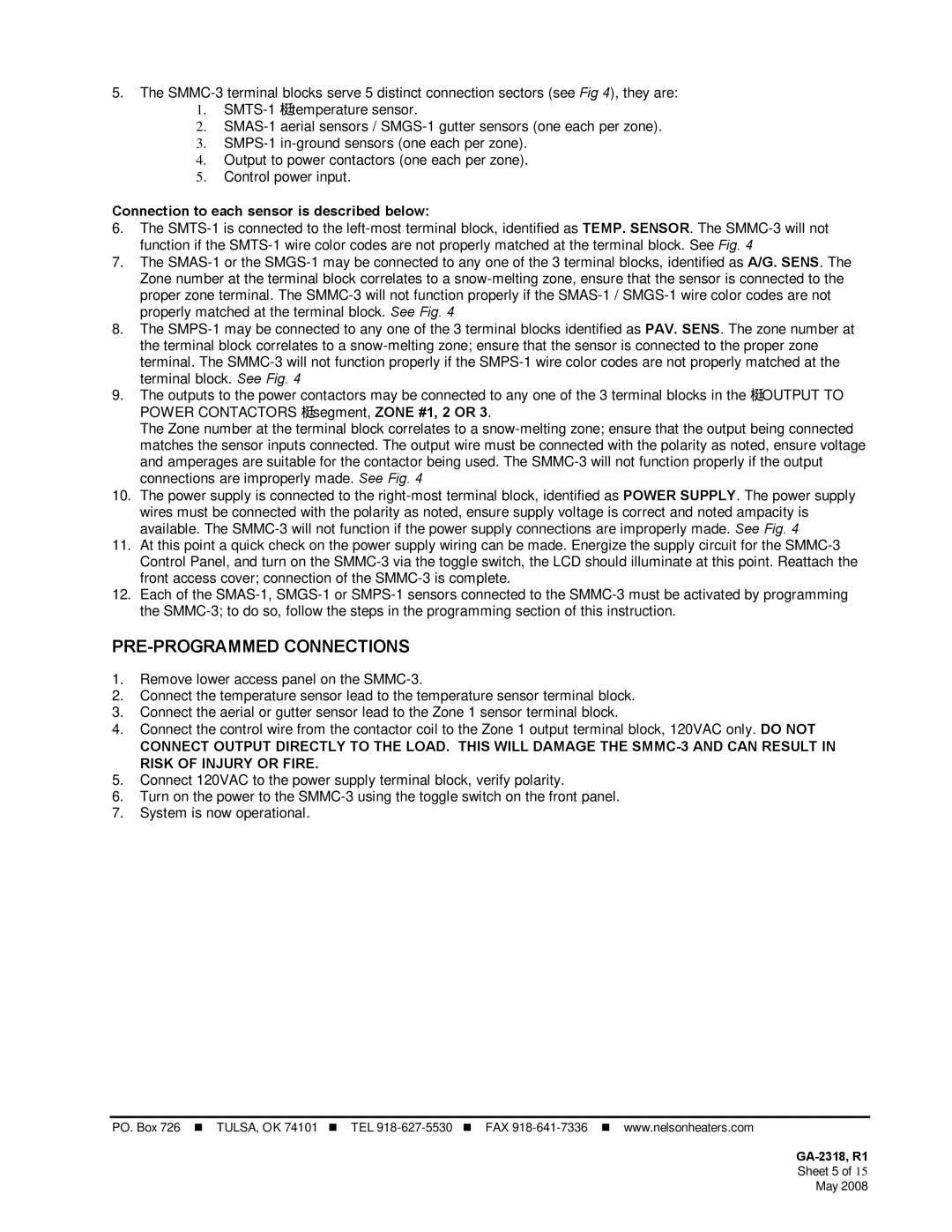 Emerson SMMC-3 manual PRE-PROGRAMMED Connections, Connection to each sensor is described below 