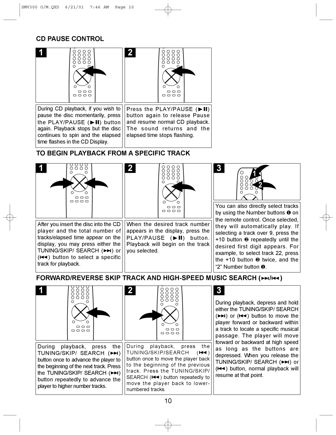 Emerson SMV300 owner manual CD Pause Control, To Begin Playback from a Specific Track 