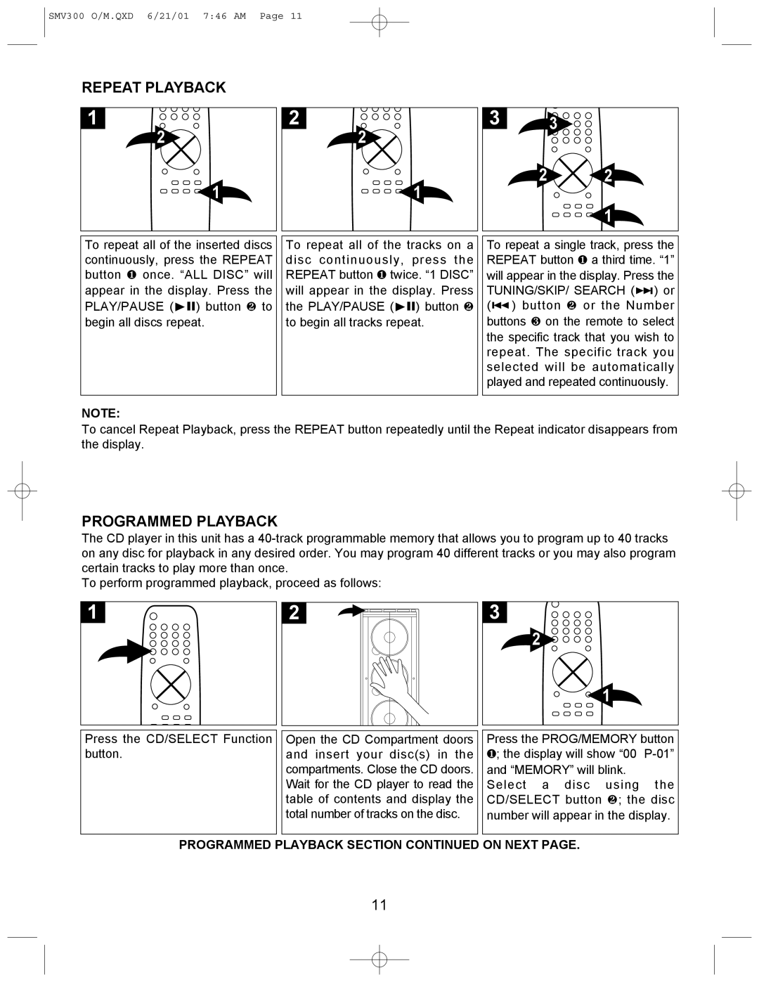 Emerson SMV300 owner manual Repeat Playback, Programmed Playback 