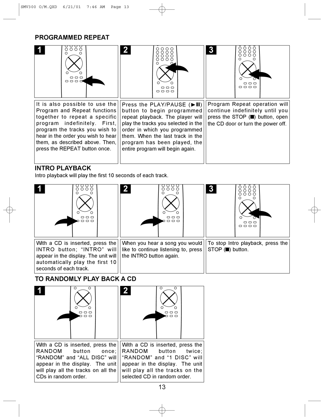 Emerson SMV300 owner manual Programmed Repeat, Intro Playback, To Randomly Play Back a CD 