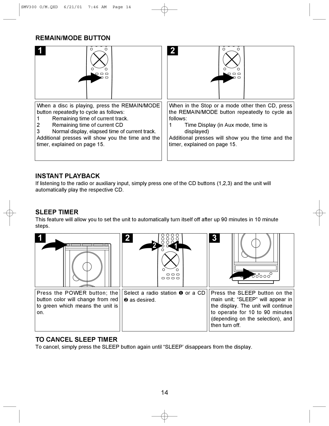 Emerson SMV300 owner manual REMAIN/MODE Button, Instant Playback, To Cancel Sleep Timer 