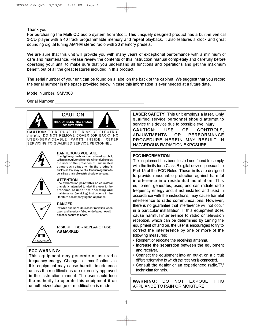 Emerson SMV300 owner manual 15A250V 