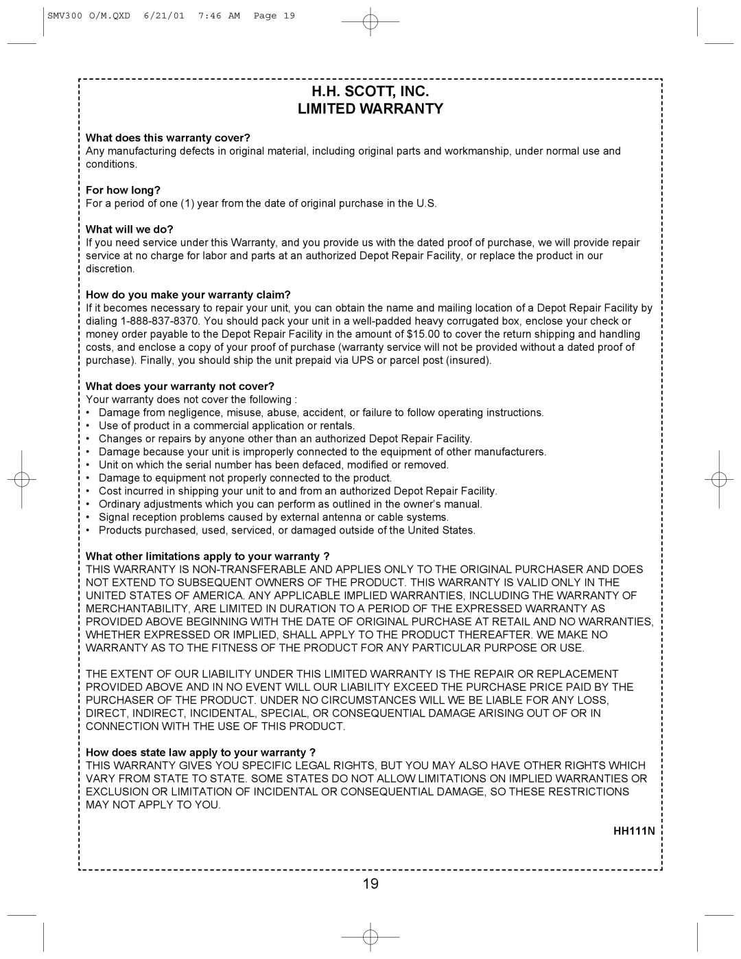 Emerson SMV300 owner manual SCOTT, INC Limited Warranty, What does this warranty cover? 