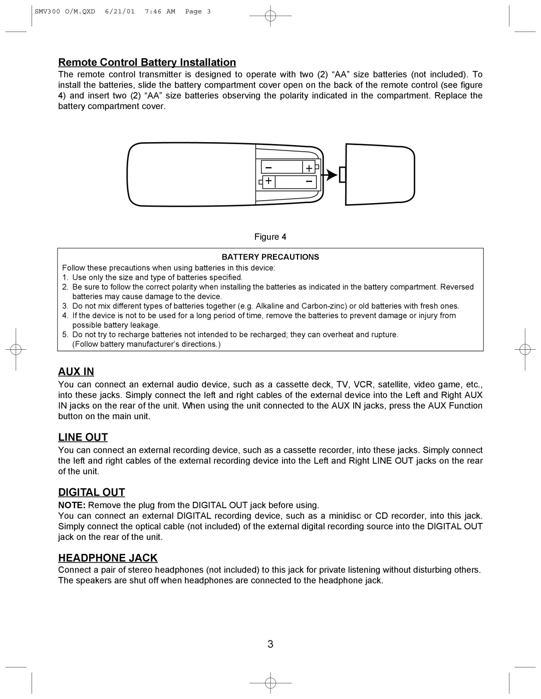 Emerson SMV300 owner manual Remote Control Battery Installation, Aux, Line OUT, Digital OUT, Headphone Jack 