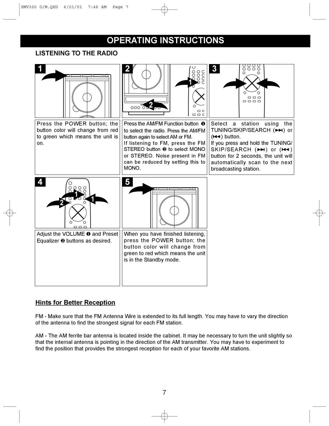 Emerson SMV300 owner manual Operating Instructions, Listening to the Radio, Hints for Better Reception 