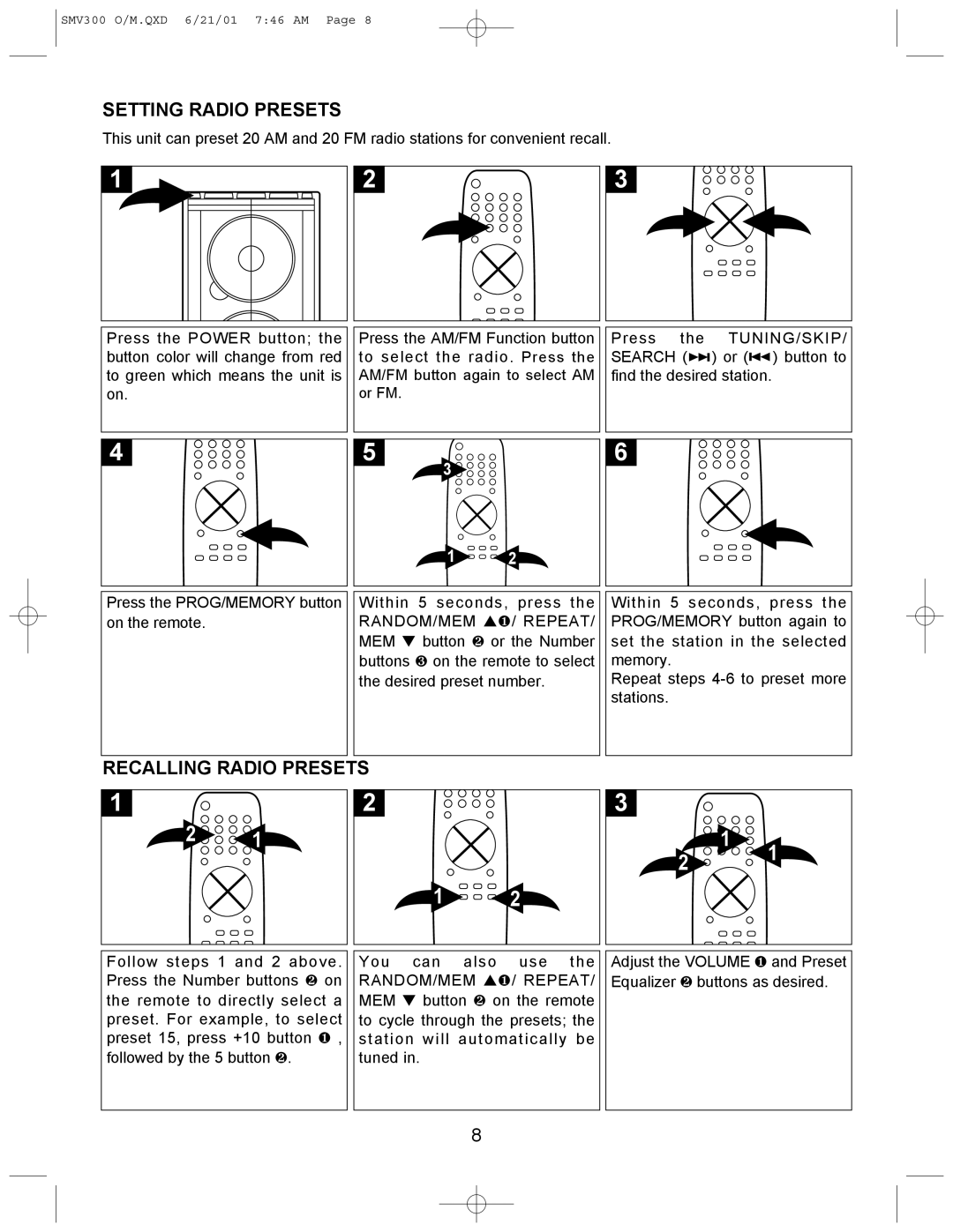 Emerson SMV300 owner manual Setting Radio Presets, Recalling Radio Presets 