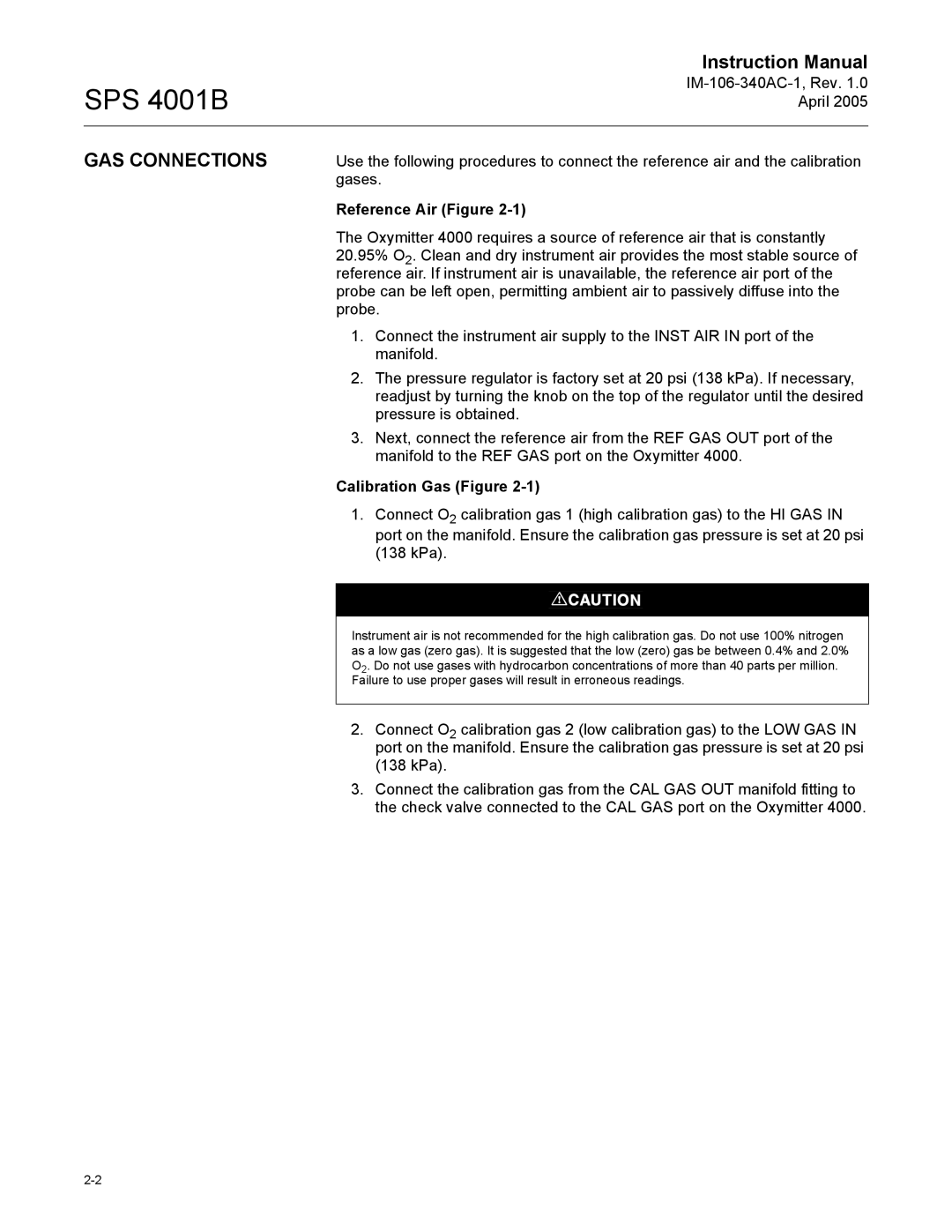 Emerson SPS 4001B instruction manual GAS Connections, Reference Air Figure, Calibration Gas Figure 