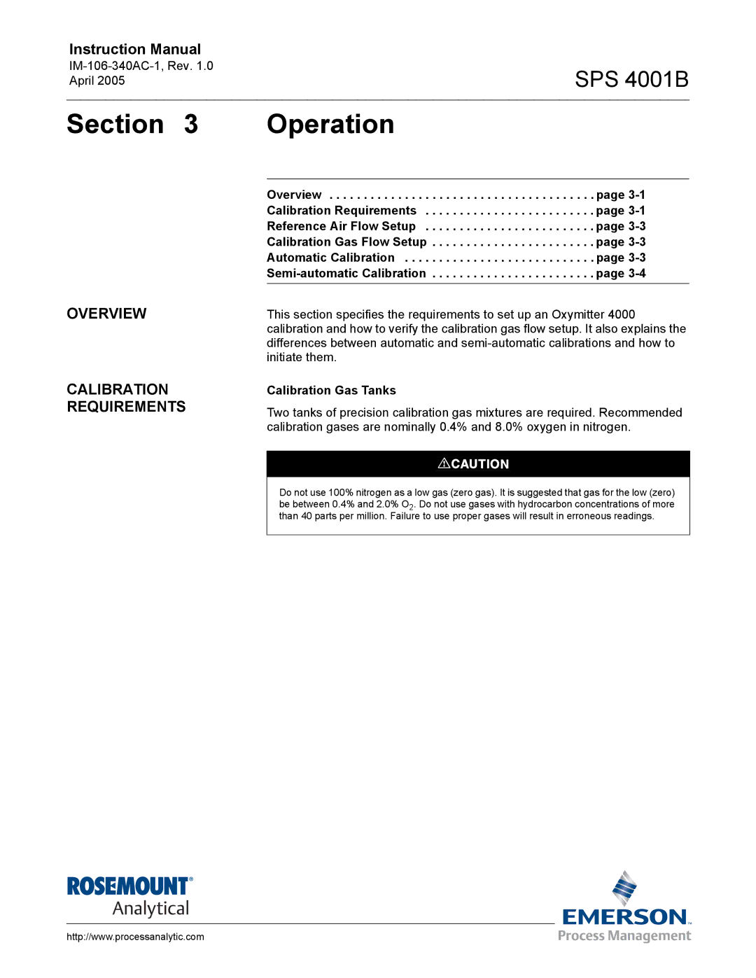 Emerson SPS 4001B instruction manual Section Operation, Overview Calibration Requirements, Calibration Gas Tanks 