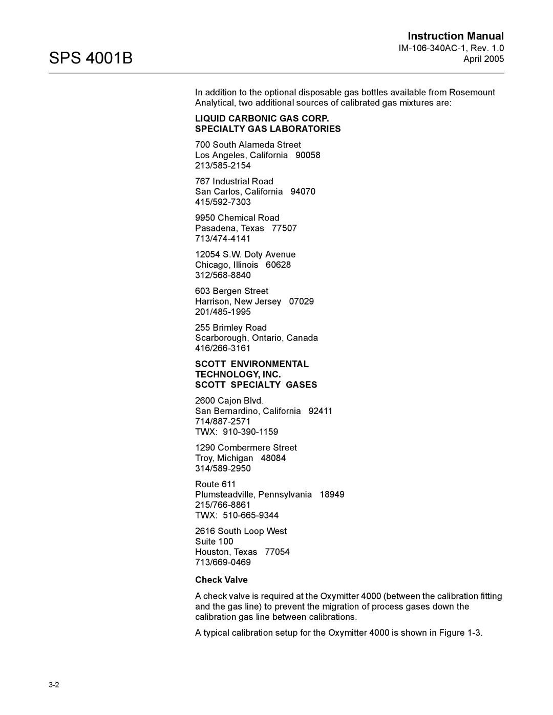 Emerson SPS 4001B instruction manual Liquid Carbonic GAS Corp Specialty GAS Laboratories, Check Valve 