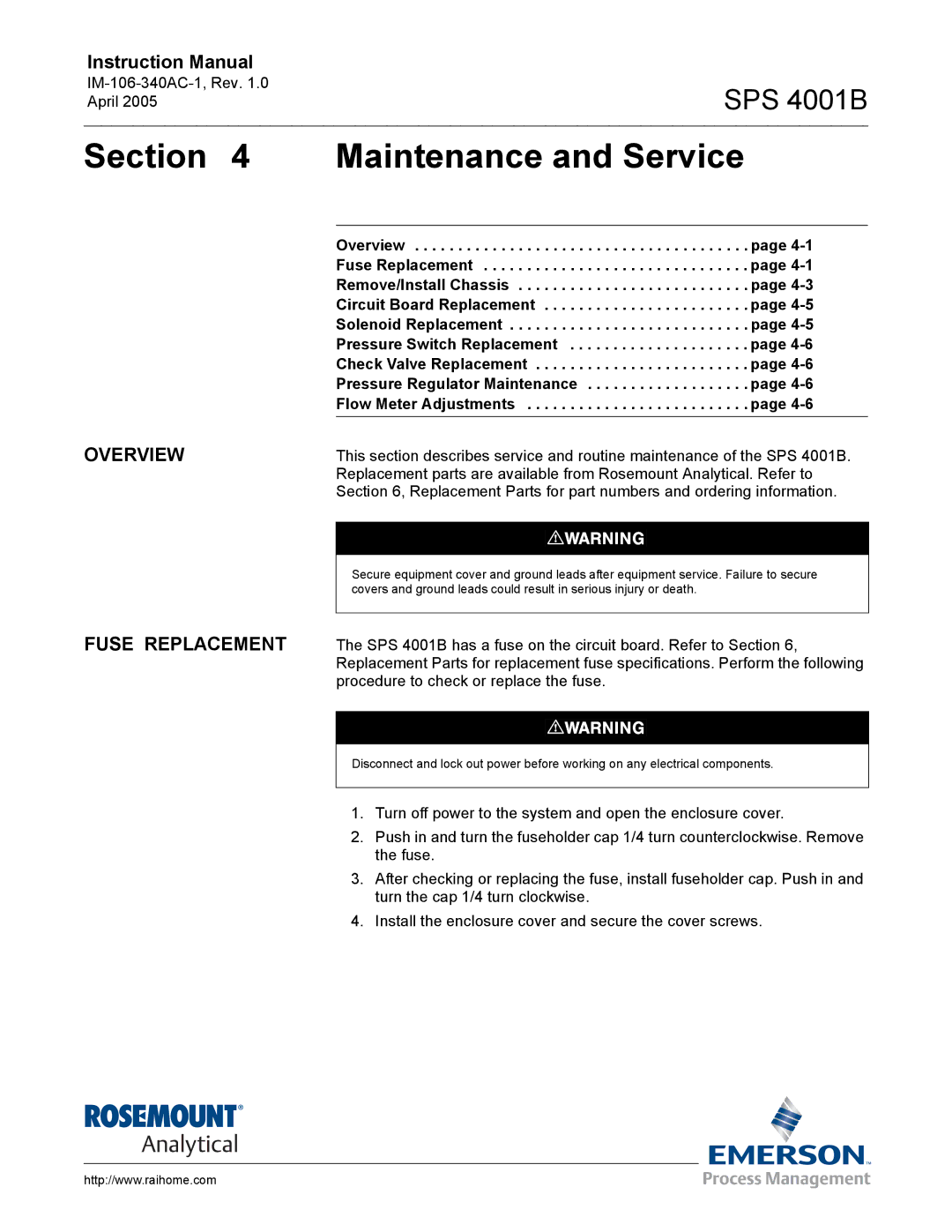 Emerson SPS 4001B instruction manual Maintenance and Service, Fuse Replacement 