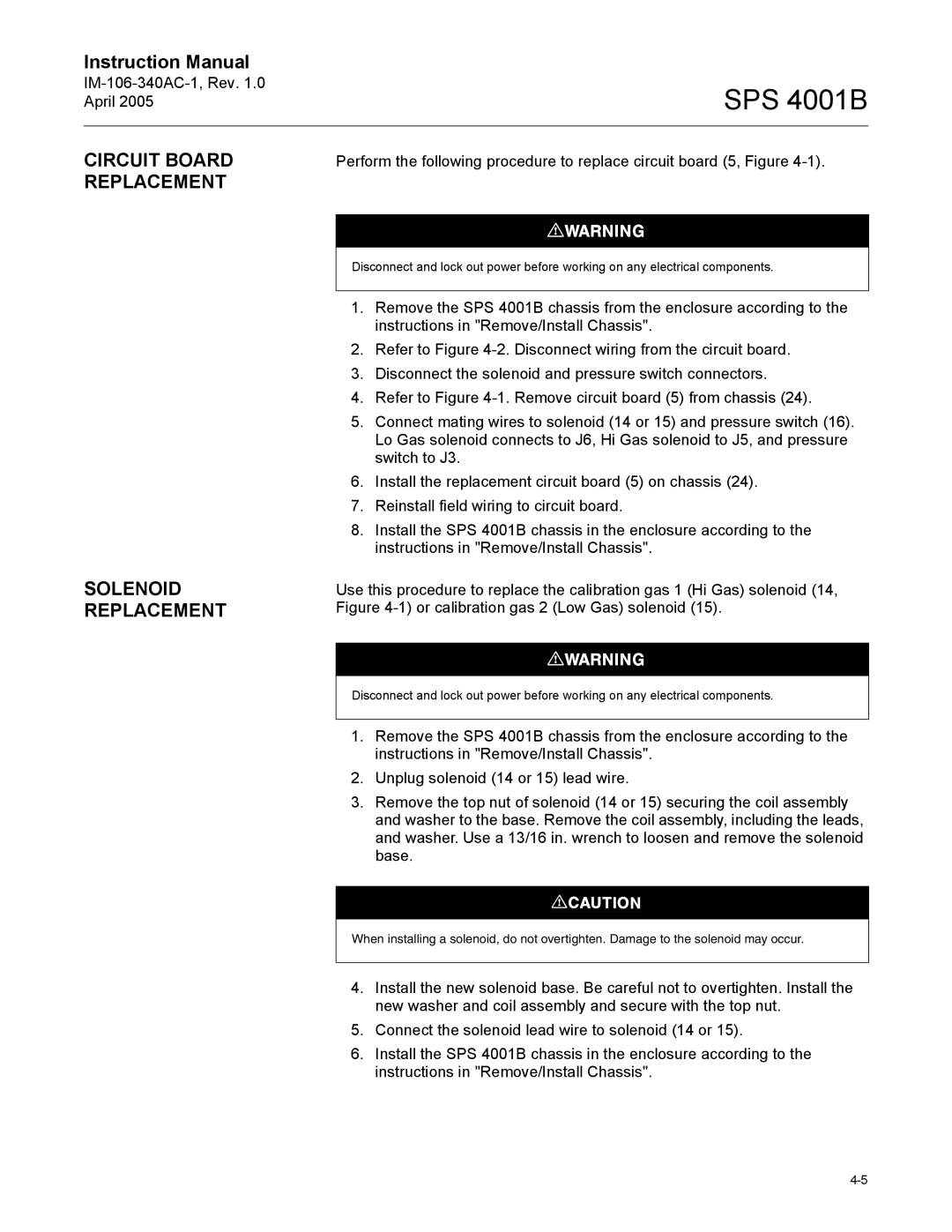 Emerson SPS 4001B instruction manual Circuit Board Replacement, Solenoid Replacement 