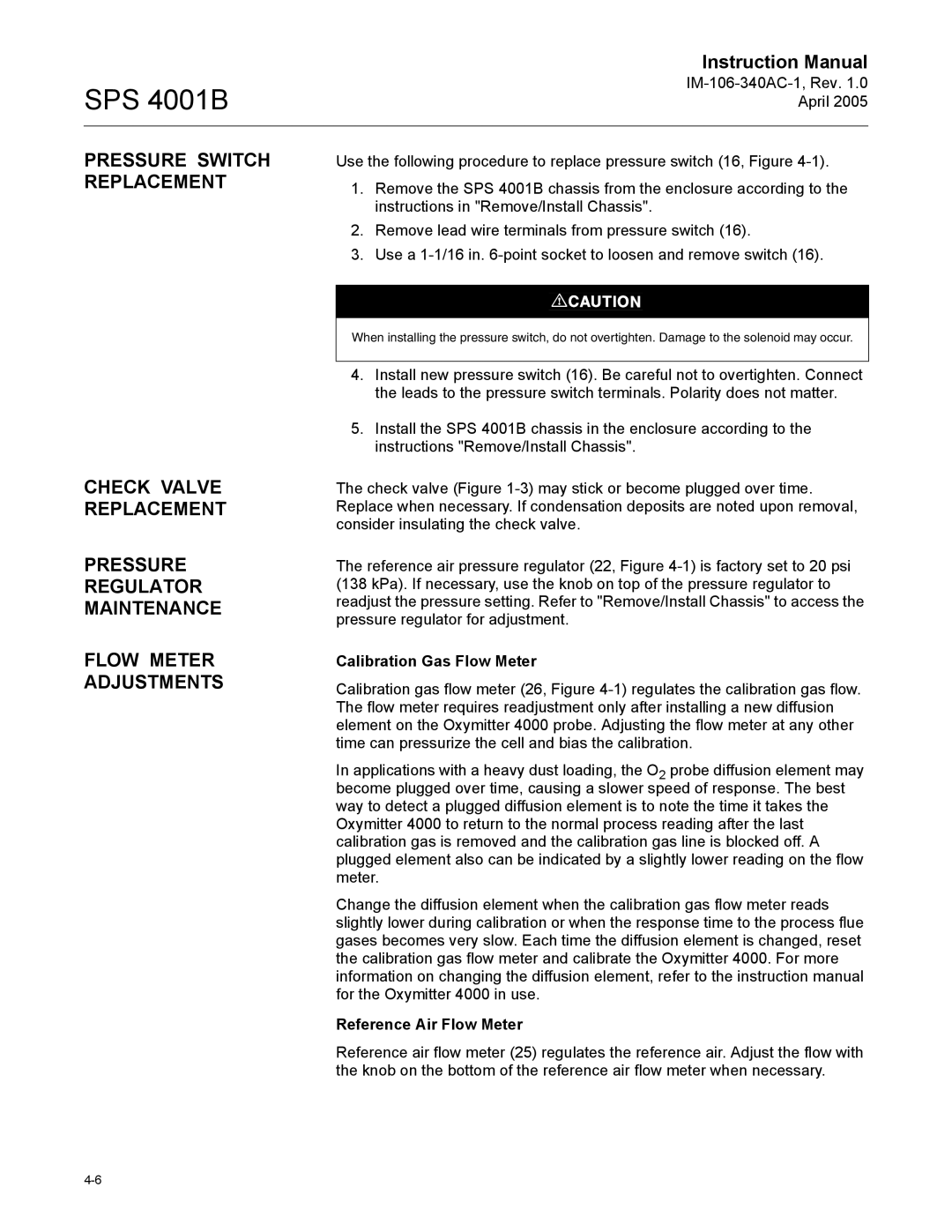 Emerson SPS 4001B instruction manual Pressure Switch Replacement, Calibration Gas Flow Meter 