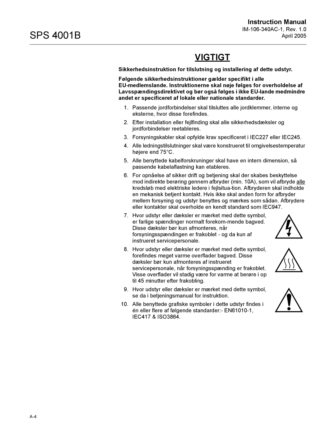 Emerson SPS 4001B instruction manual Vigtigt 