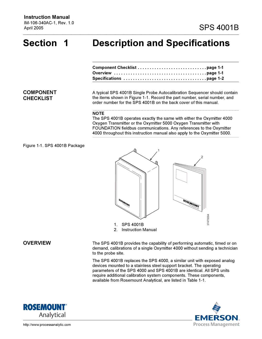 Emerson SPS 4001B instruction manual Description and Specifications, Component Checklist, Overview 