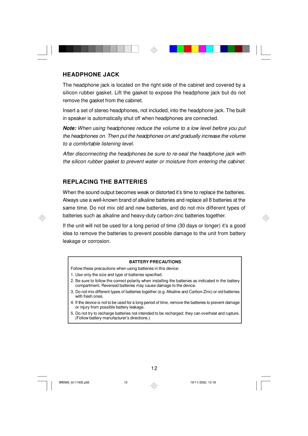 Emerson SR5999 owner manual Headphone Jack, Replacing the Batteries 