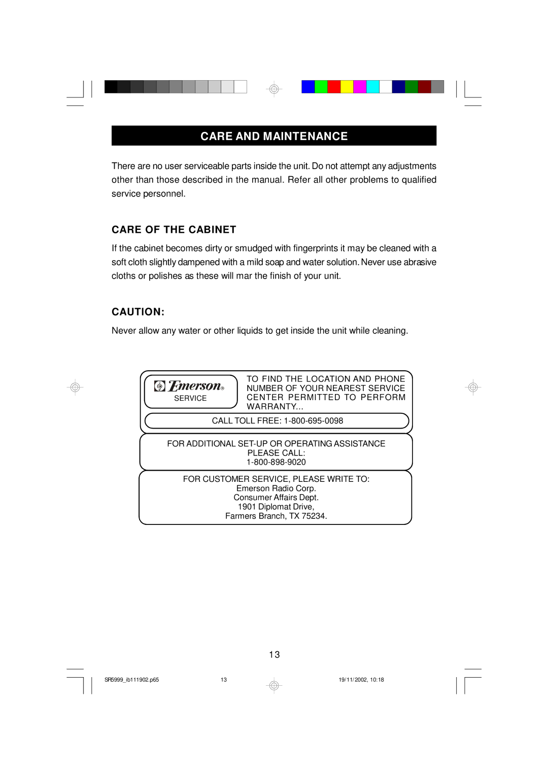 Emerson SR5999 owner manual Care and Maintenance, Care of the Cabinet 