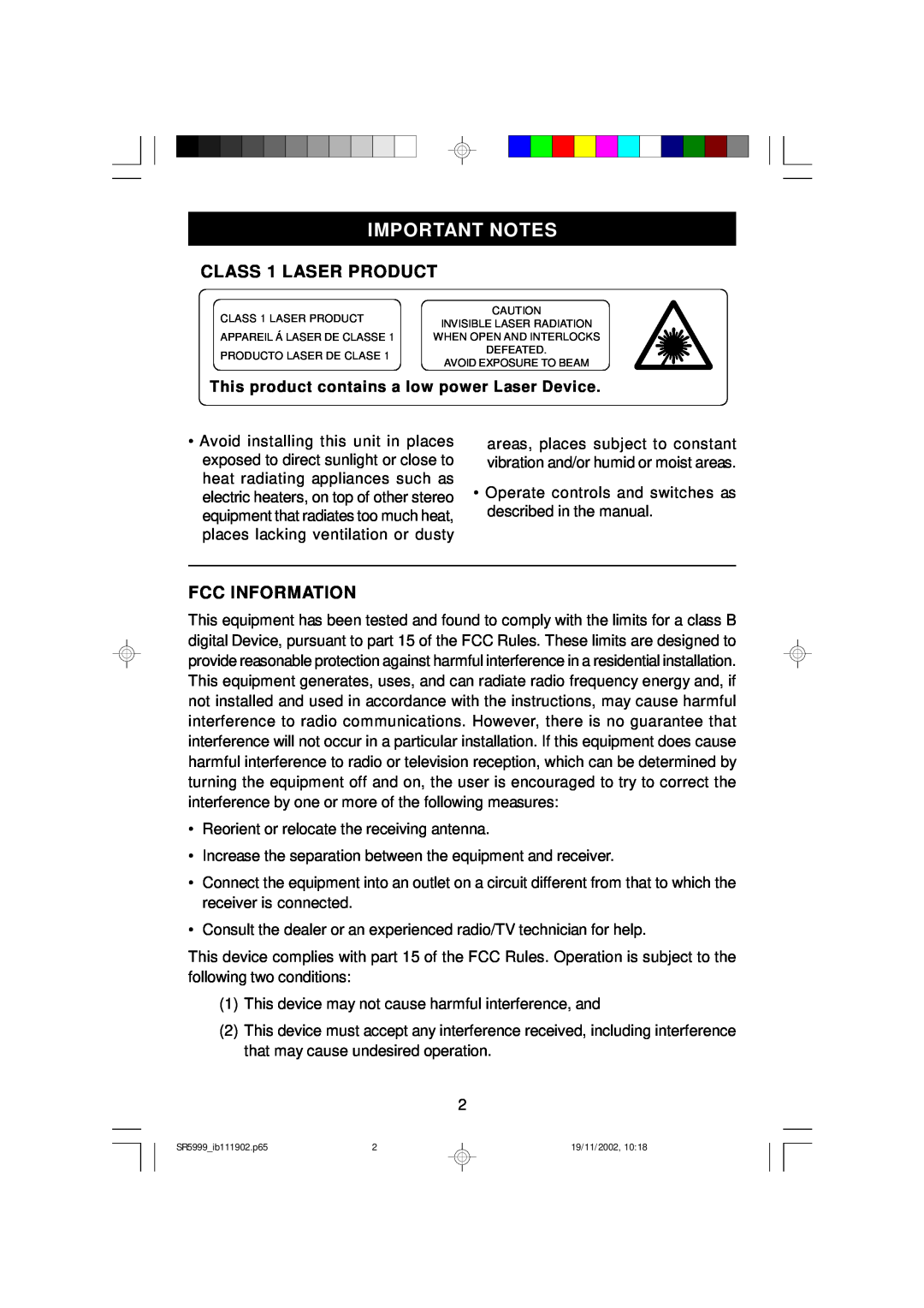 Emerson SR5999 Important Notes, CLASS 1 LASER PRODUCT, Fcc Information, This product contains a low power Laser Device 