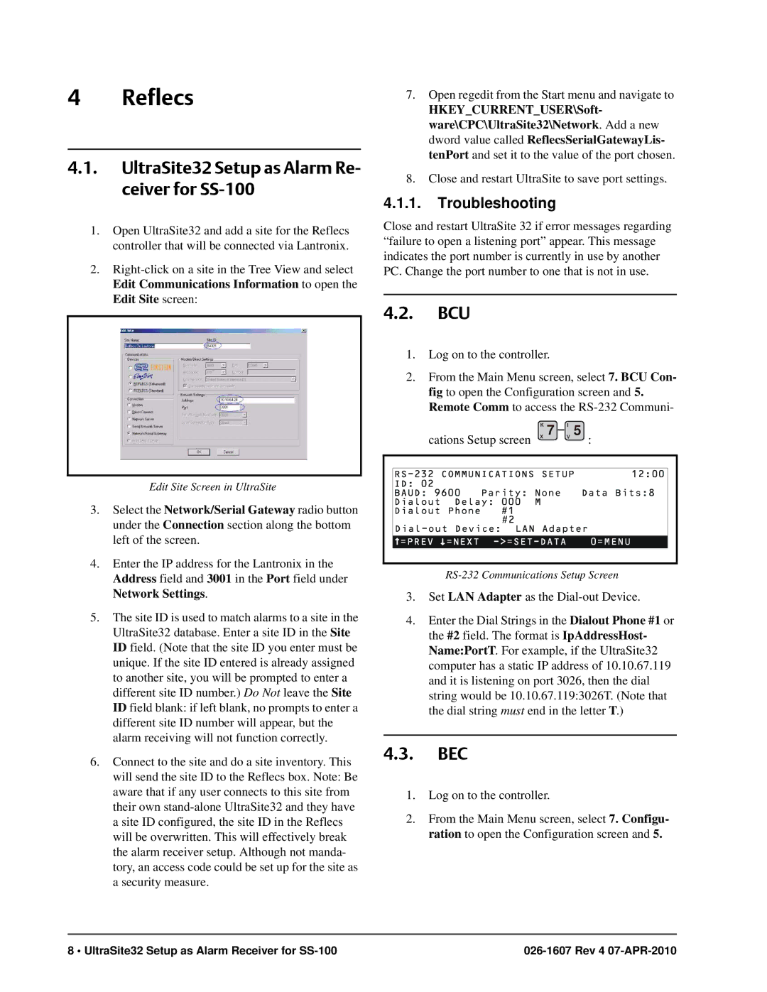 Emerson manual Reflecs, UltraSite32 Setup as Alarm Re- ceiver for SS-100, Bcu, Bec, Troubleshooting 