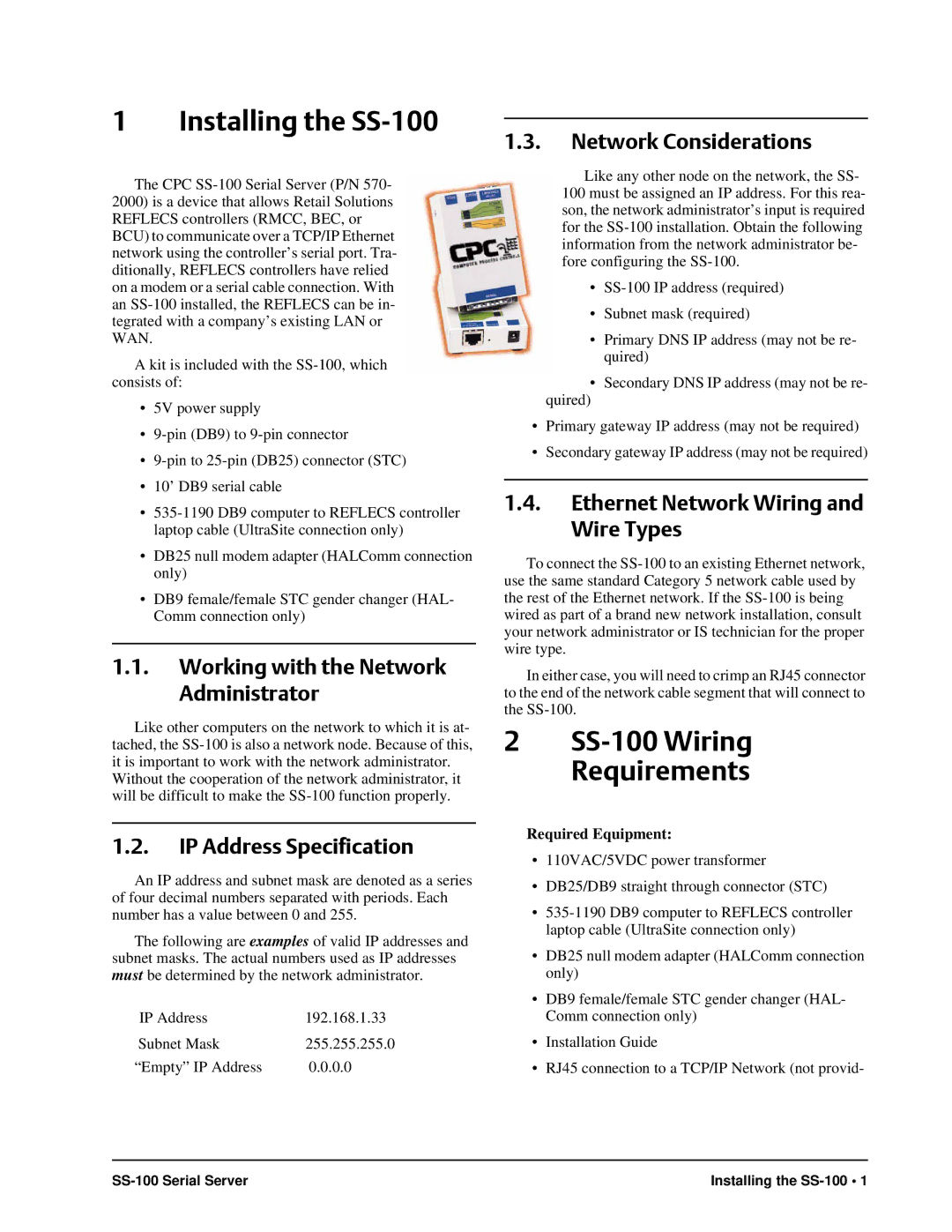 Emerson Installing the SS-100, Working with the Network Administrator, IP Address Specification, Network Considerations 