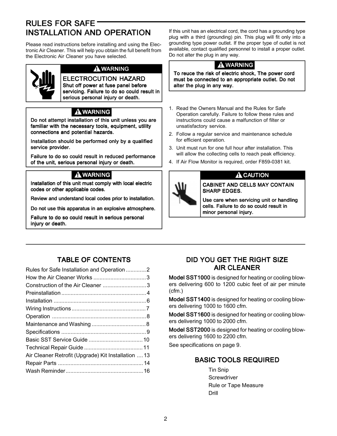 Emerson SST1400 manual Rules for Safe Installation and Operation, Table of Contents, Did YOU GET the Right Size AIR Cleaner 