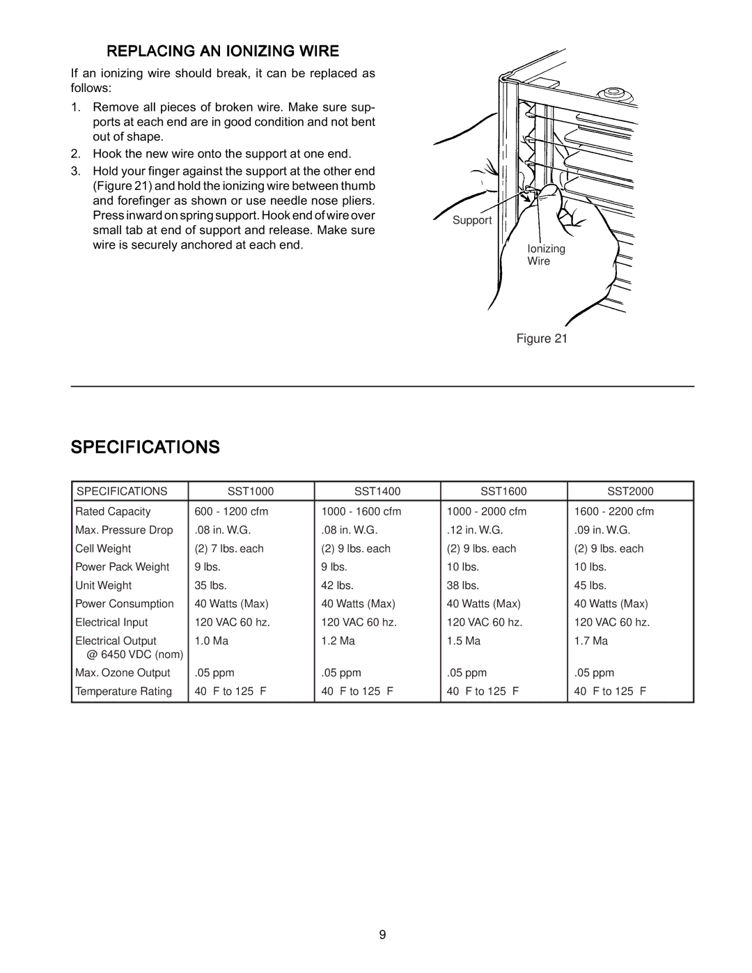 Emerson SST2000, SST1000, SST1400, SST1600 manual Specifications, Replacing AN Ionizing Wire 