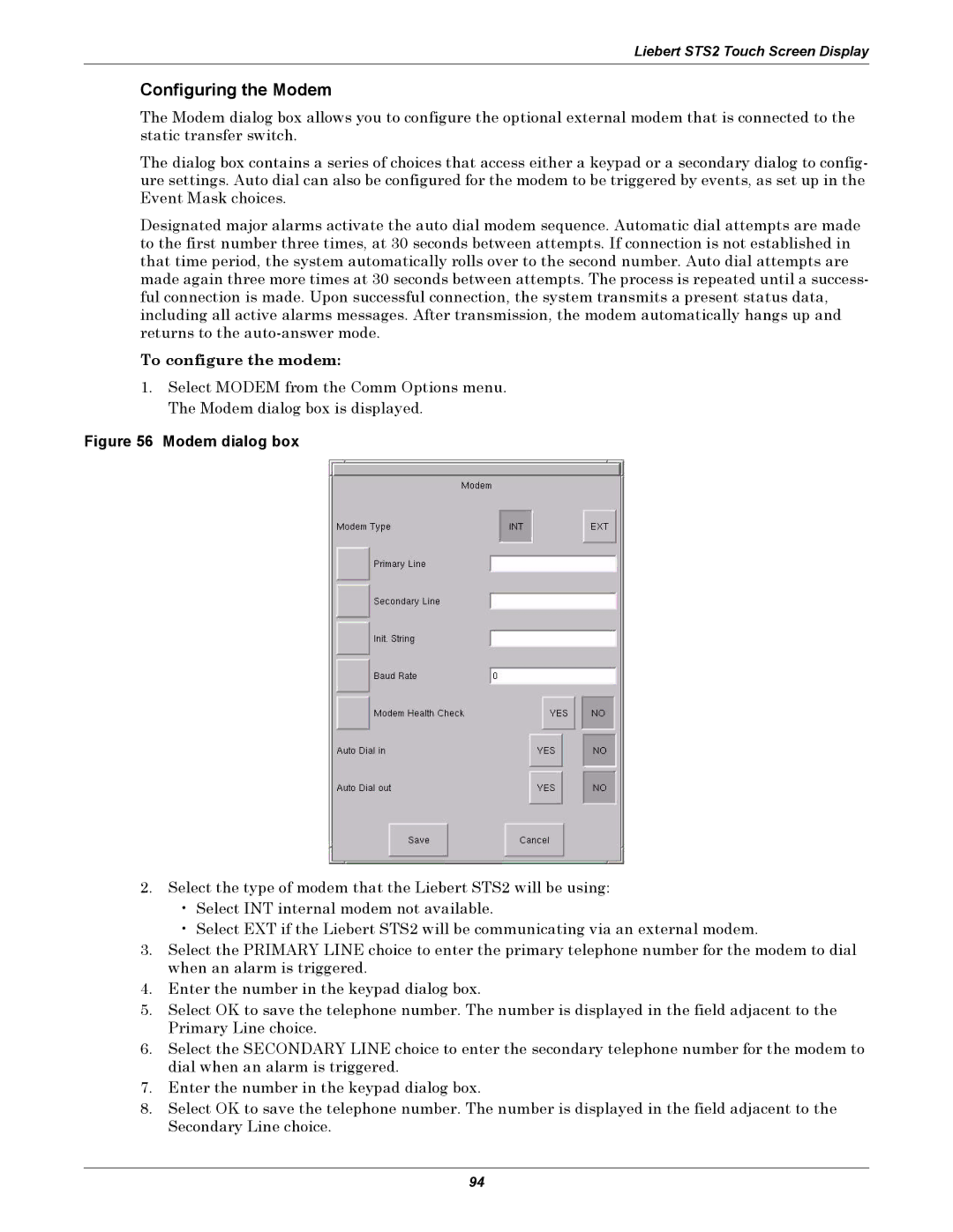 Emerson Static Transfer Switch user manual Configuring the Modem, To configure the modem 