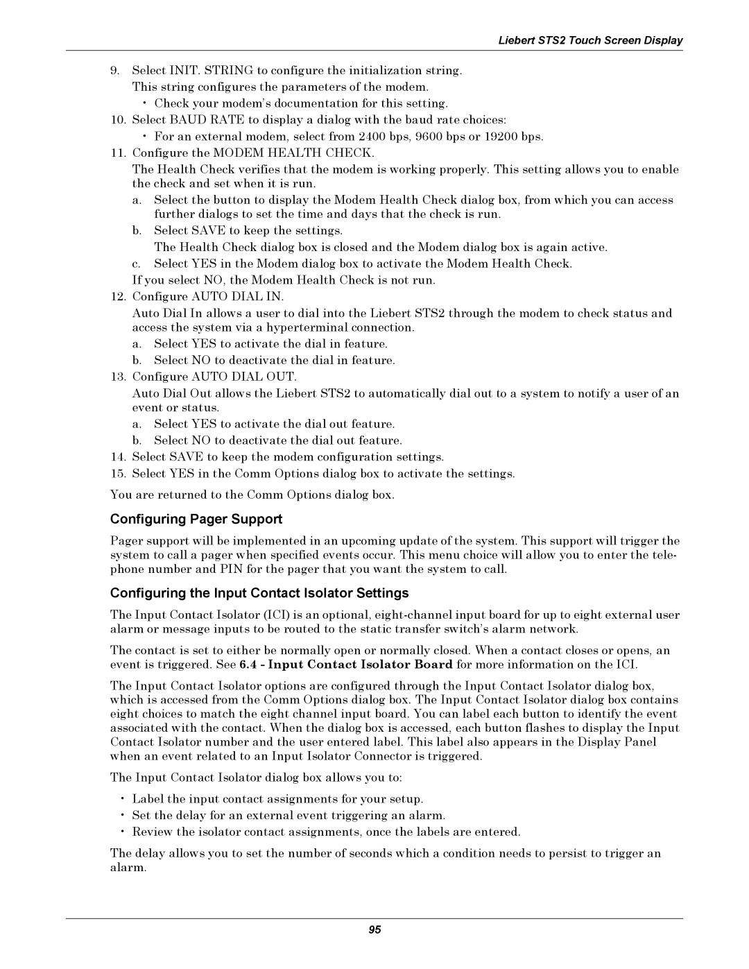 Emerson Static Transfer Switch user manual Configuring Pager Support, Configuring the Input Contact Isolator Settings 